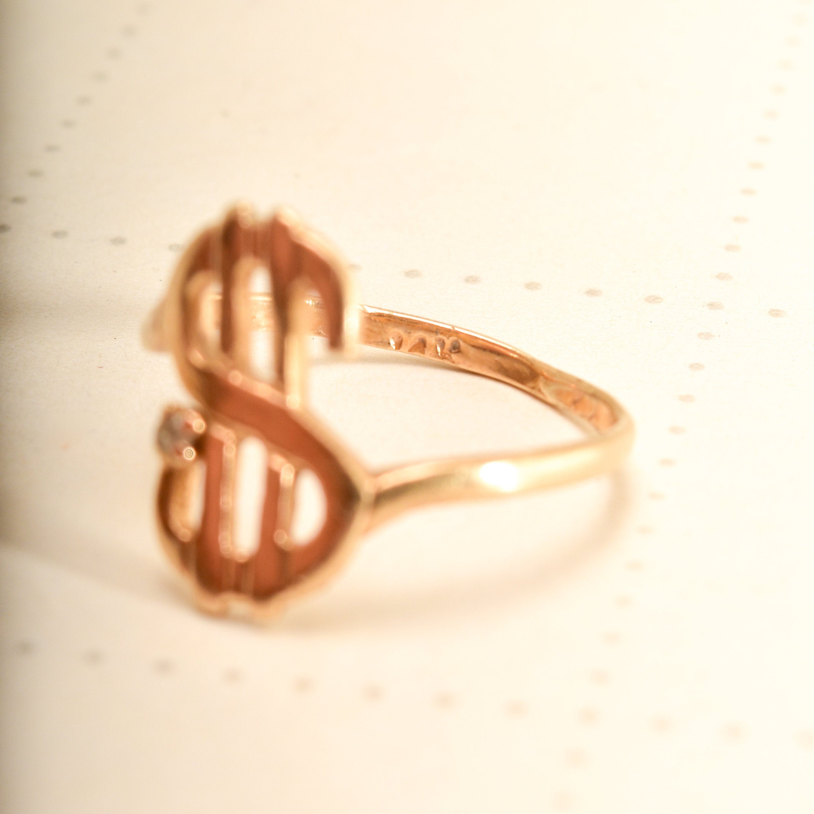 Minimalist 14K Dollar Sign Ring With Diamond Accent, Yellow Gold Money Ring, Estate Jewelry, Size 3 3/4 US