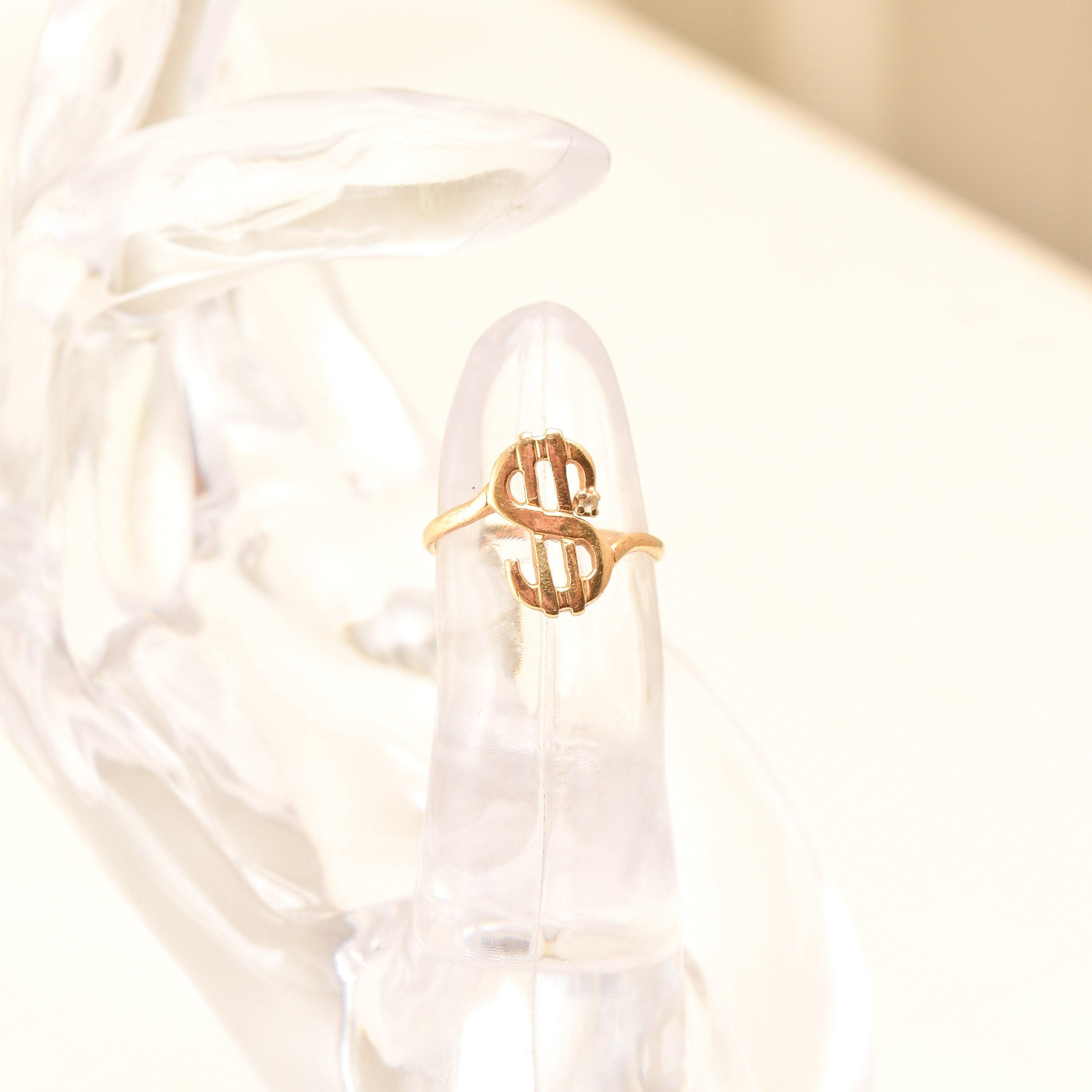 Minimalist 14K Dollar Sign Ring With Diamond Accent, Yellow Gold Money Ring, Estate Jewelry, Size 3 3/4 US