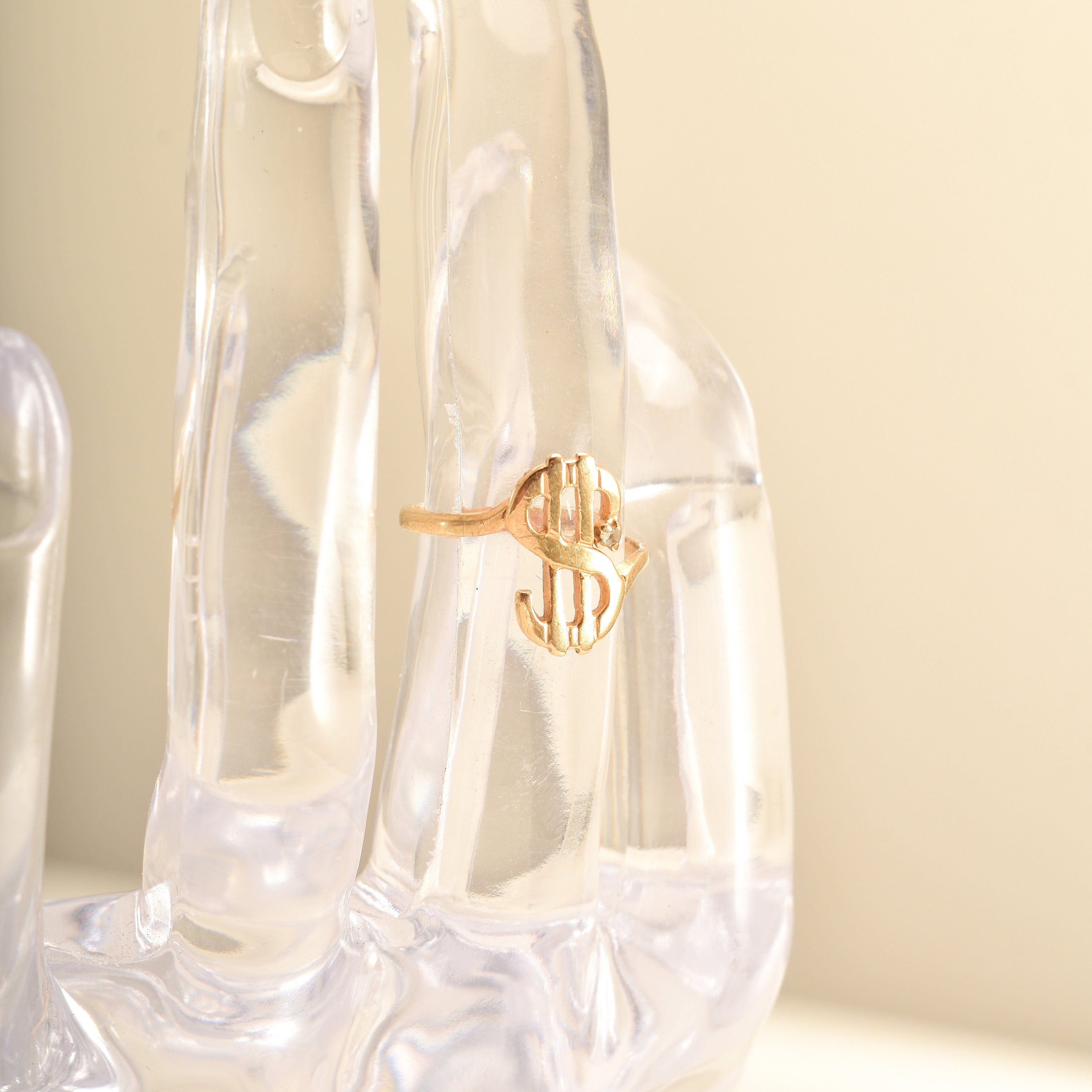 Minimalist 14K Dollar Sign Ring With Diamond Accent, Yellow Gold Money Ring, Estate Jewelry, Size 3 3/4 US