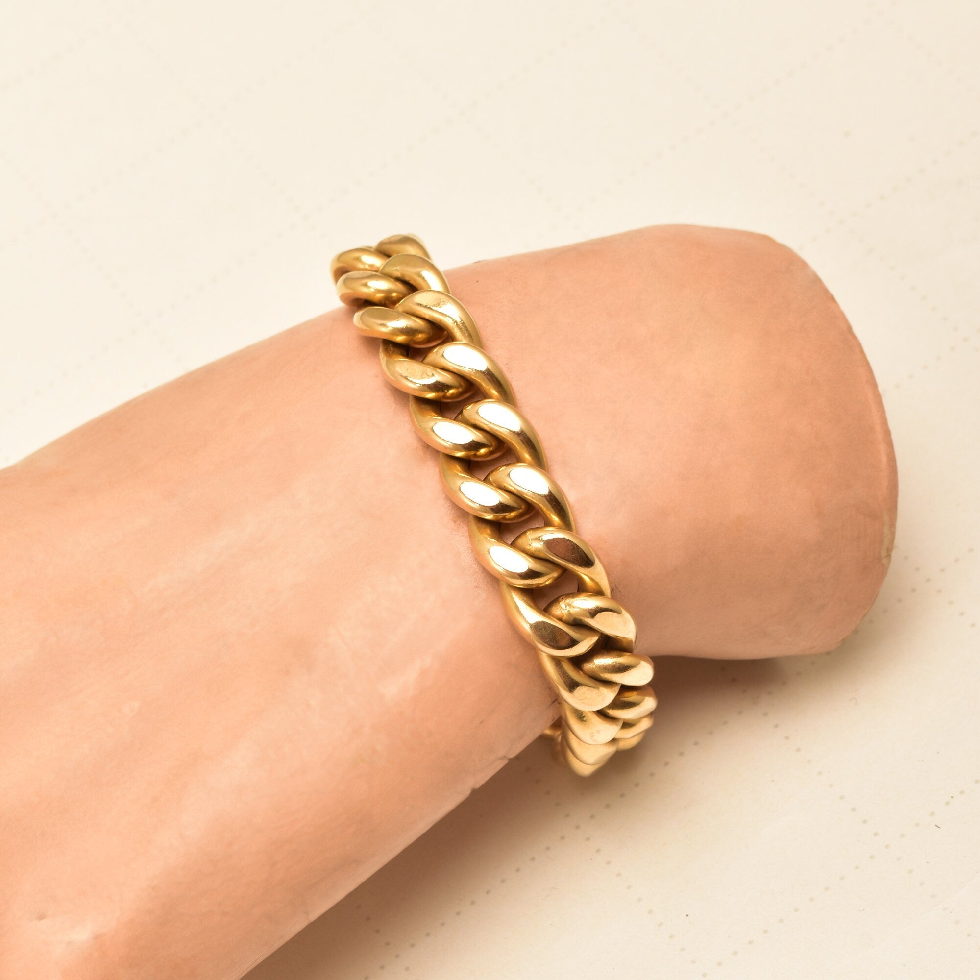 Italian 18K Cuban Link Bracelet, Chunky Yellow Gold Chain Bracelet, Estate Jewelry, 7.25" L