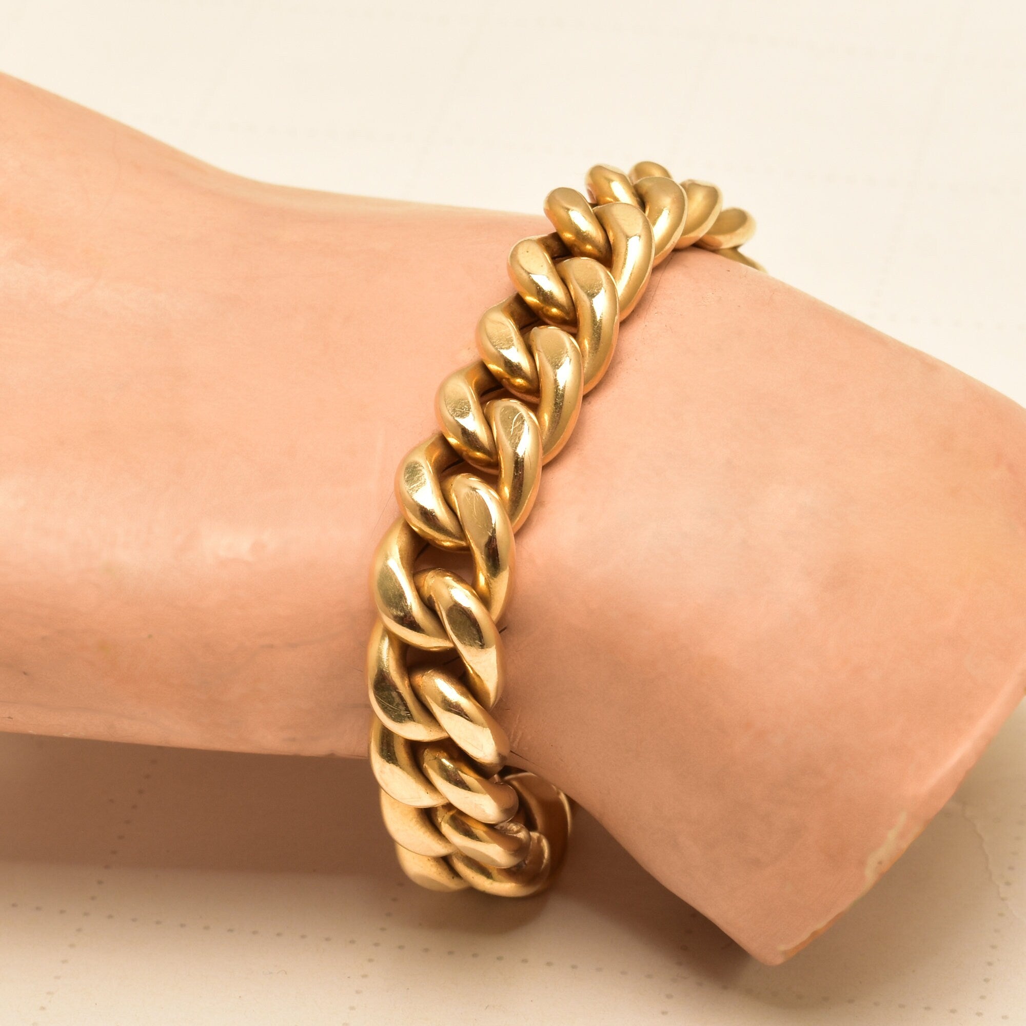 Italian 18K Cuban Link Bracelet, Chunky Yellow Gold Chain Bracelet, Estate Jewelry, 7.25" L