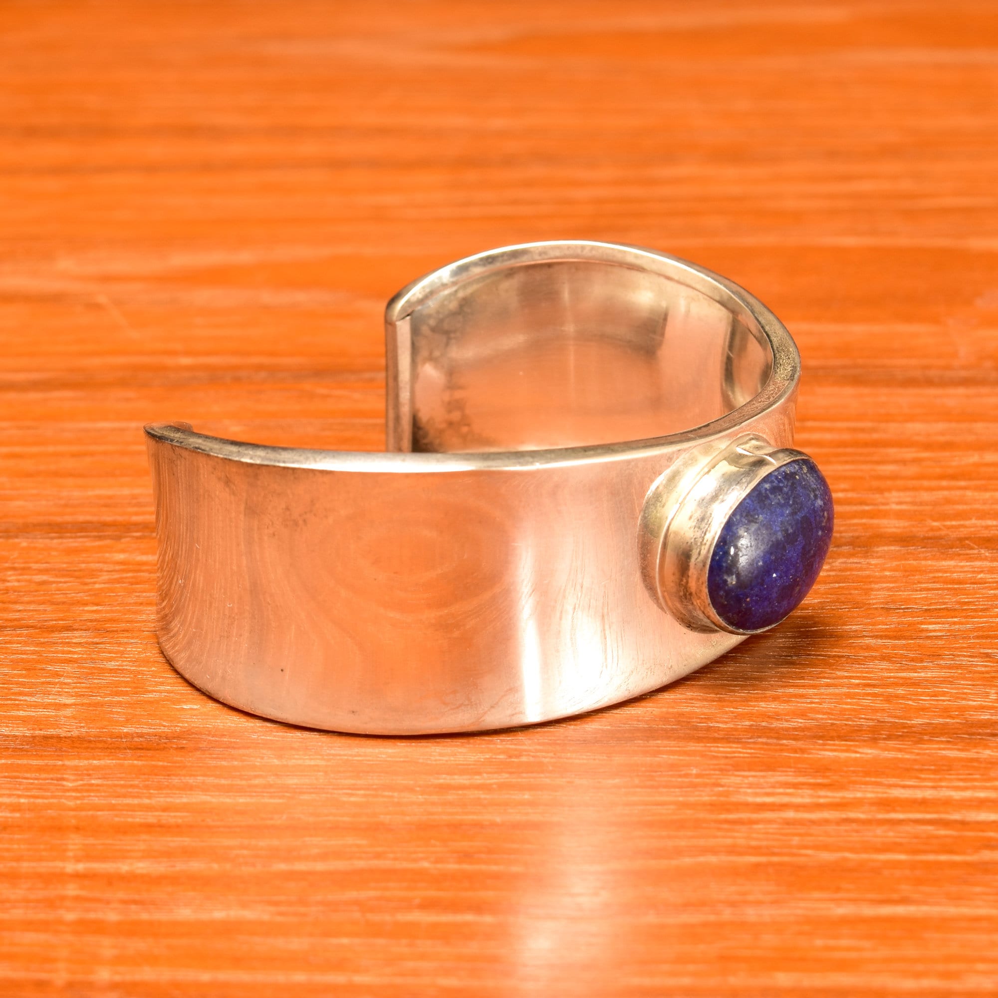 Robert & Noreen Kelly Sterling Silver Lapis Lazuli Cuff Bracelet, Modernist Navajo Asymmetric 925 Cuff, 5 3/4" - Good's Vintage