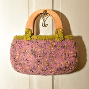 Handmade Knit Bag With Wooden Top Handles, Variegated Purple & Green Yarn, Floral Fabric Lining, 11" L