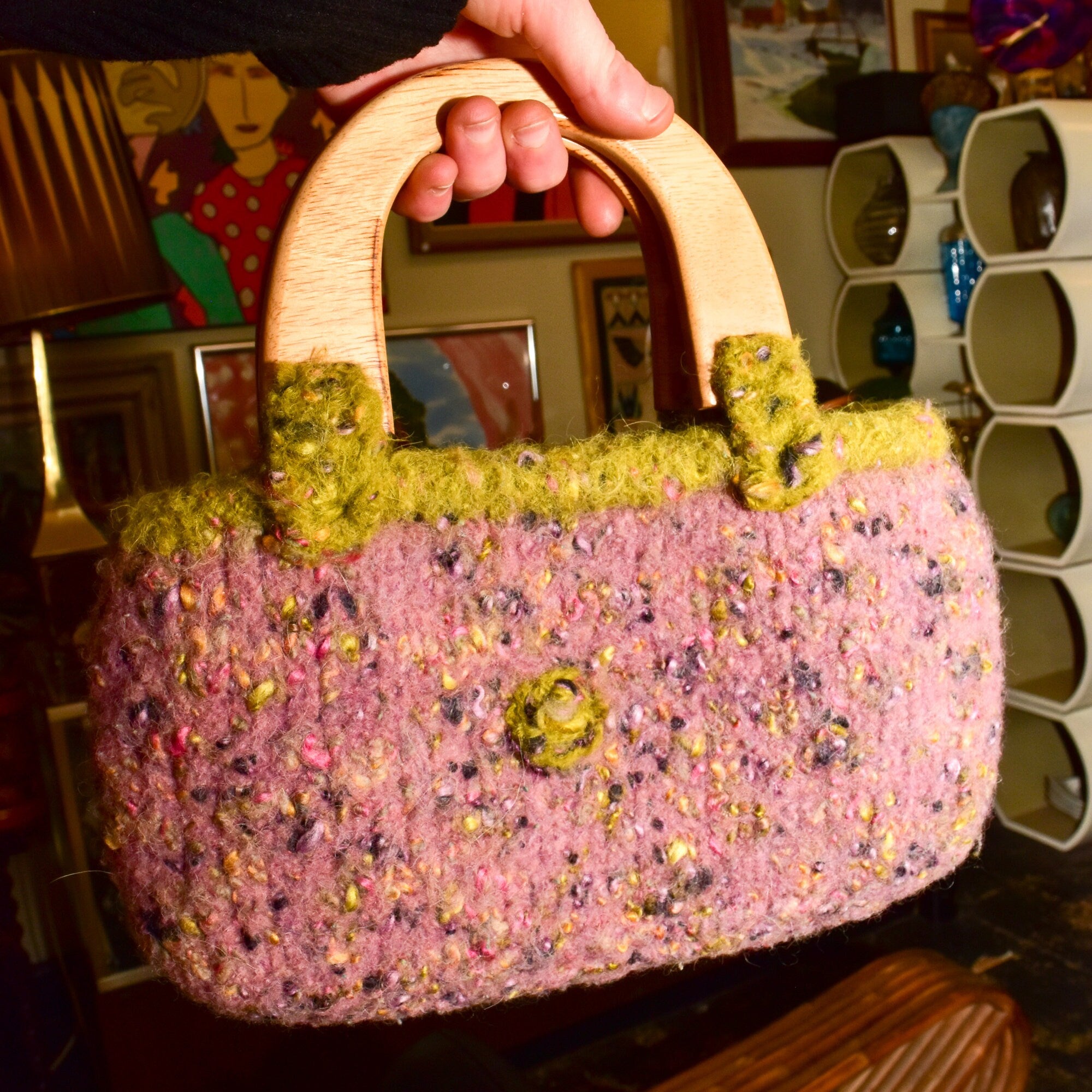 Handmade Knit Bag With Wooden Top Handles, Variegated Purple & Green Yarn, Floral Fabric Lining, 11" L