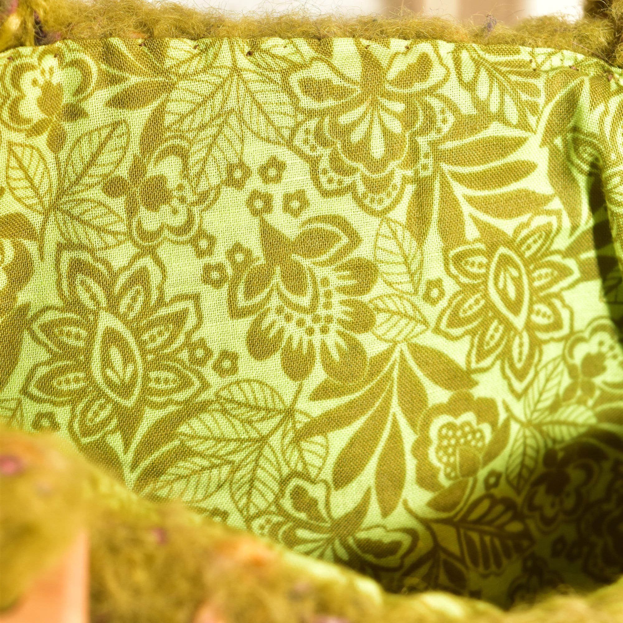 Handmade Knit Bag With Wooden Top Handles, Variegated Purple & Green Yarn, Floral Fabric Lining, 11" L