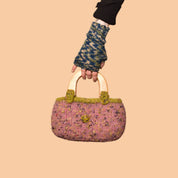 Handmade Knit Bag With Wooden Top Handles, Variegated Purple & Green Yarn, Floral Fabric Lining, 11" L
