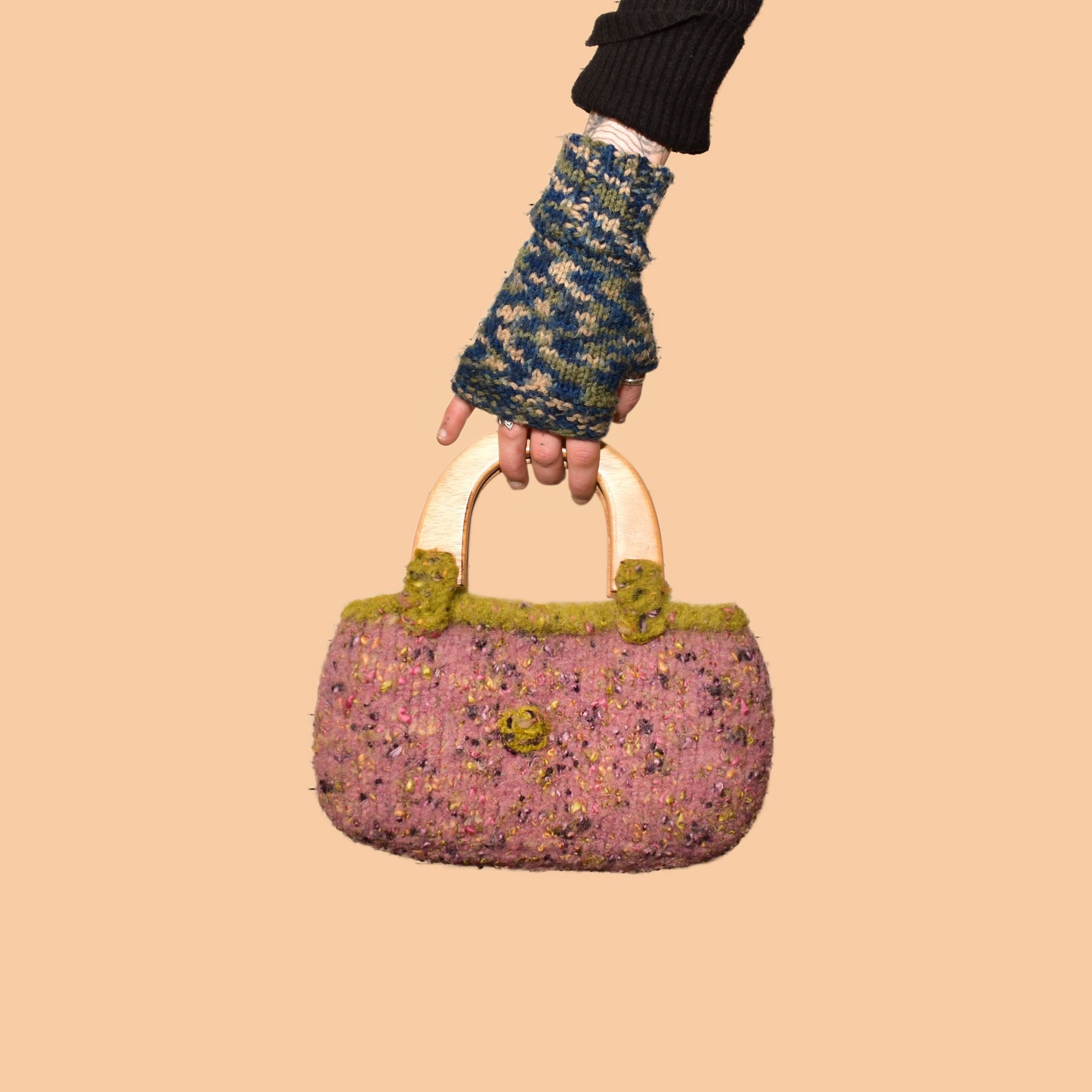 Handmade Knit Bag With Wooden Top Handles, Variegated Purple & Green Yarn, Floral Fabric Lining, 11" L