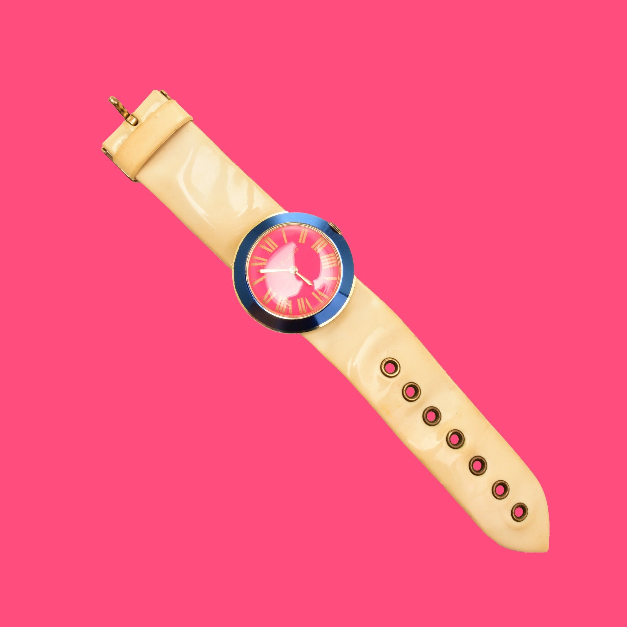 Mod 1967 Old England Pink Blue & Beige Ladies Watch, Adjustable Vinyl Band, Working Condition