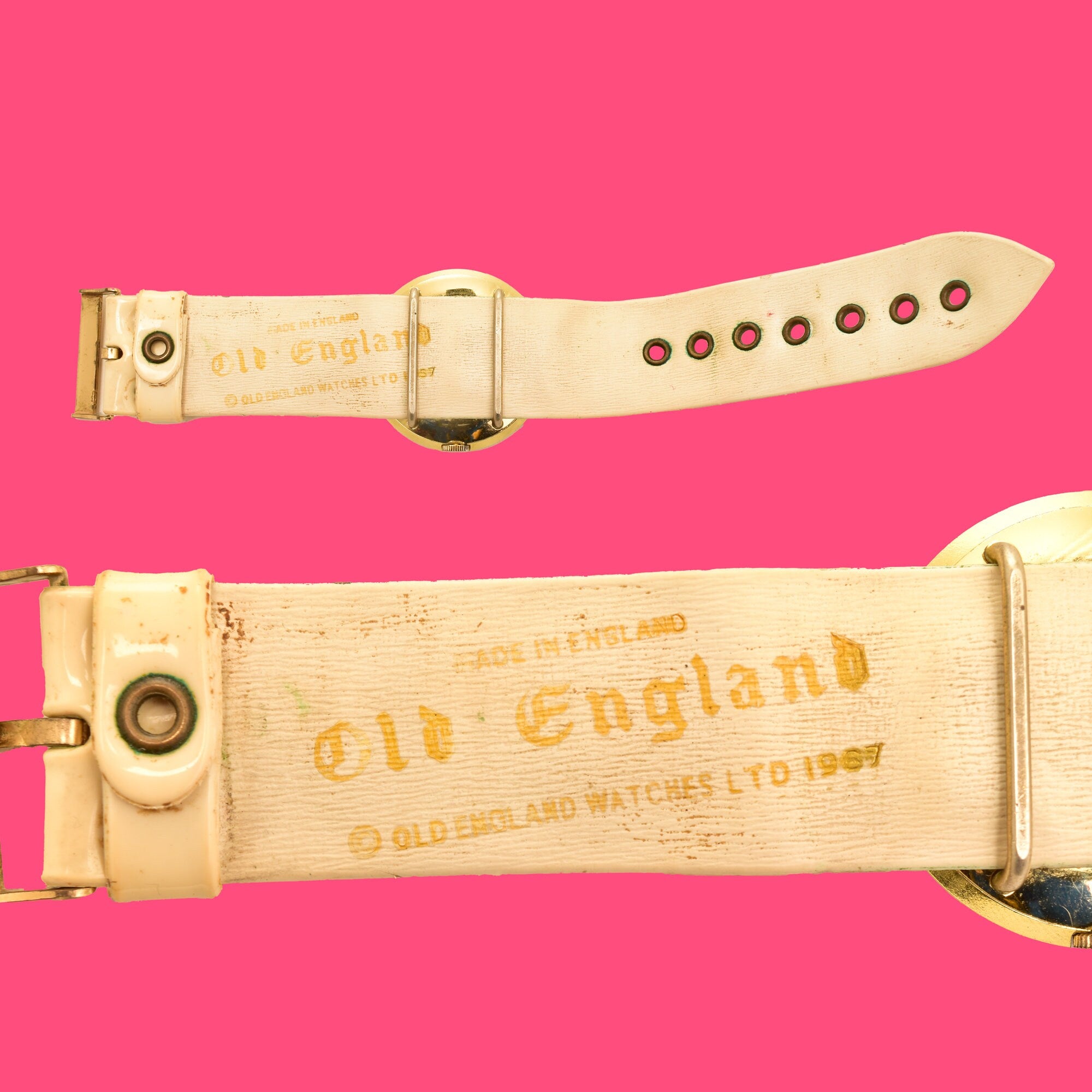 Mod 1967 Old England Pink Blue & Beige Ladies Watch, Adjustable Vinyl Band, Working Condition