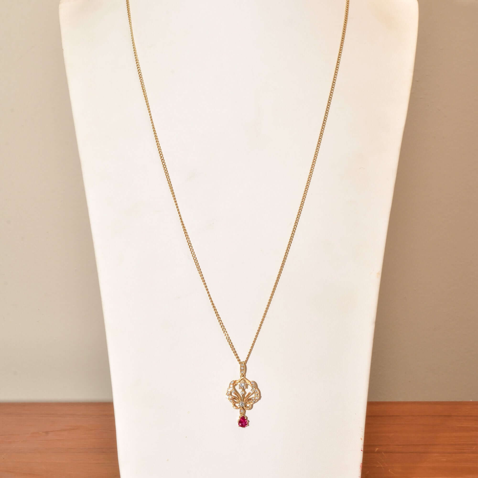 Diamond Cluster Ruby Lavaliere Pendant Necklace In 14K Yellow Gold, .60 TCW, Estate Jewelry, 27 3/4" L - Good's Vintage