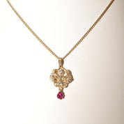 Diamond Cluster Ruby Lavaliere Pendant Necklace In 14K Yellow Gold, .60 TCW, Estate Jewelry, 27 3/4" L - Good's Vintage