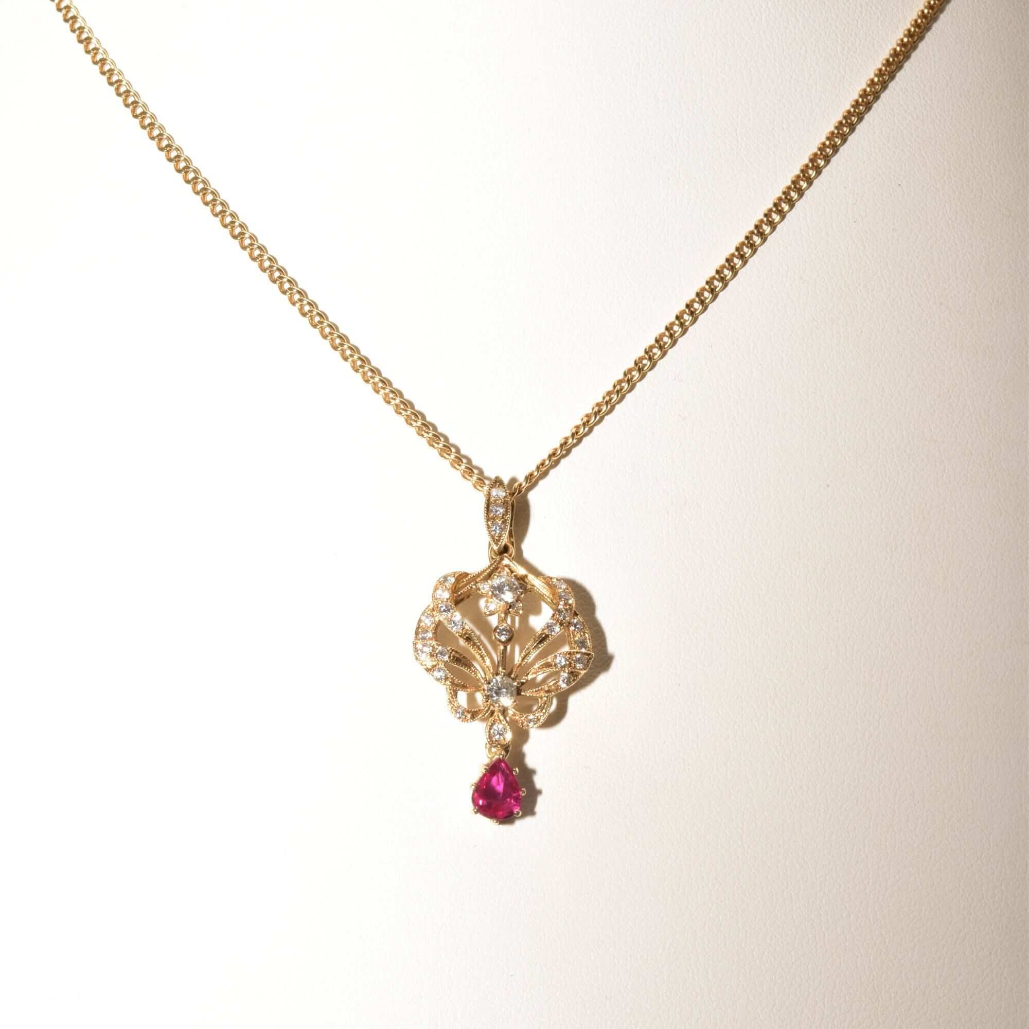Diamond Cluster Ruby Lavaliere Pendant Necklace In 14K Yellow Gold, .60 TCW, Estate Jewelry, 27 3/4" L - Good's Vintage