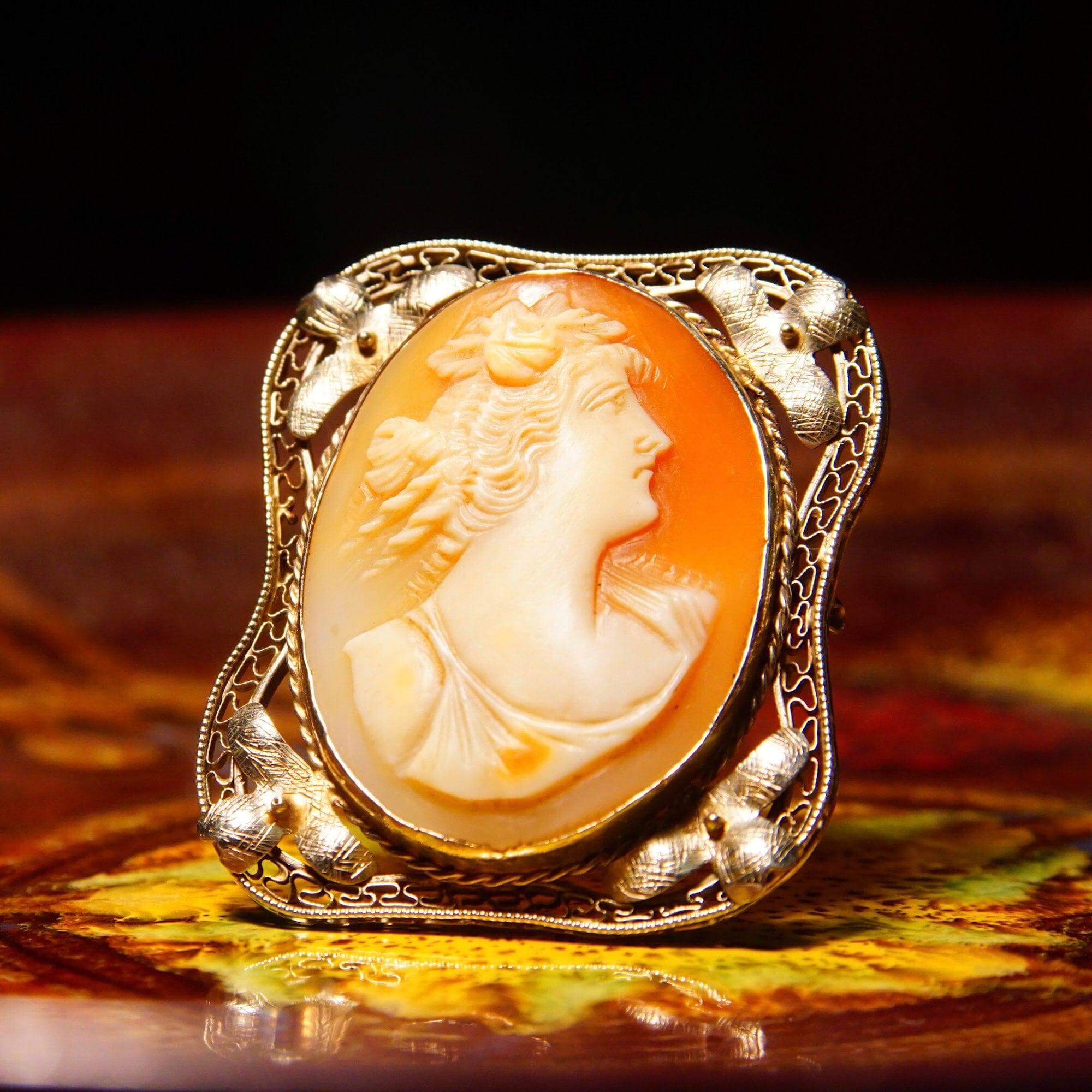 Antique 14K White Gold Filigree Cameo Brooch Pendant, Classic Relief Shell Carving, Hinged Necklace Loop, 1 5/8" - Good's Vintage