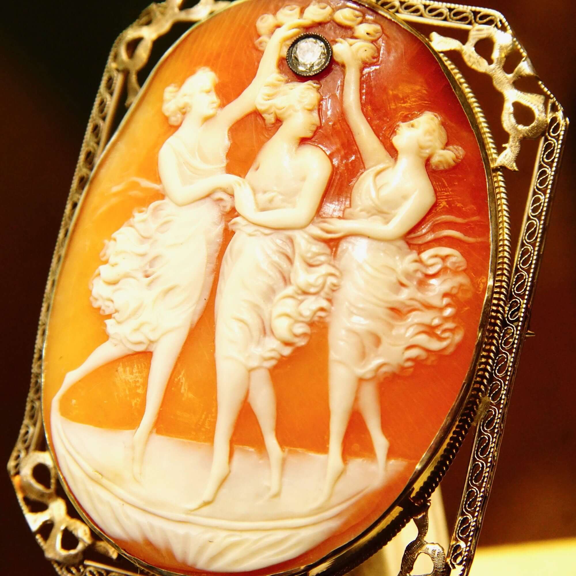 Antique 14K Filigree OEC Diamond Cameo Brooch/Pendant, Three Ladies Scene, Classic Relief Shell Carving, 53mm - Good's Vintage