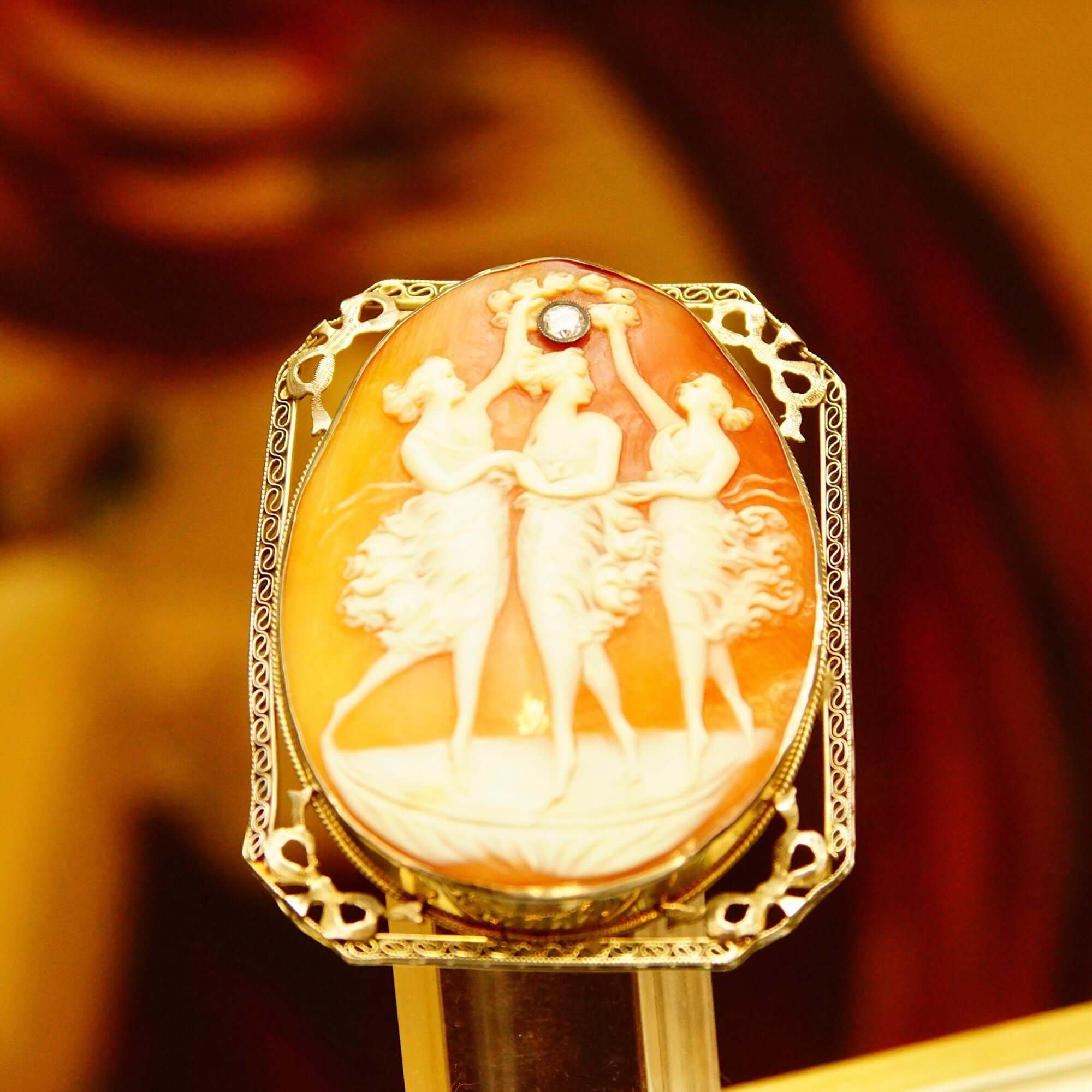 Antique 14K Filigree OEC Diamond Cameo Brooch/Pendant, Three Ladies Scene, Classic Relief Shell Carving, 53mm - Good's Vintage