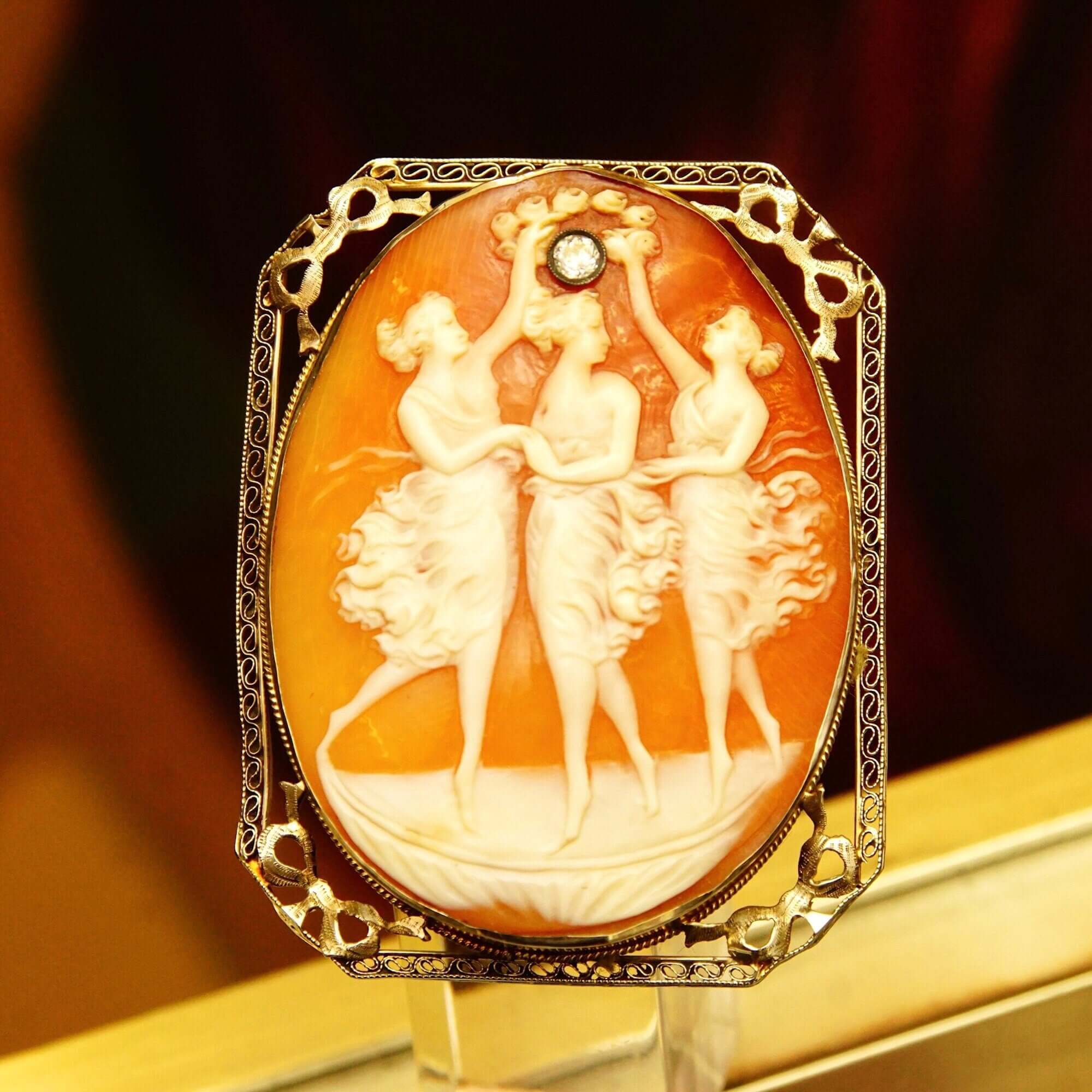 Antique 14K Filigree OEC Diamond Cameo Brooch/Pendant, Three Ladies Scene, Classic Relief Shell Carving, 53mm - Good's Vintage