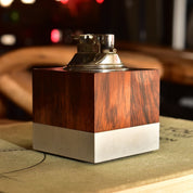 MCM Varaflame "Tivoli" Table Lighter by Ronson, Cube-Shaped Brazilian Rosewood & Brushed Aluminum Desktop Lighter