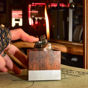 MCM Varaflame "Tivoli" Table Lighter by Ronson, Cube-Shaped Brazilian Rosewood & Brushed Aluminum Desktop Lighter