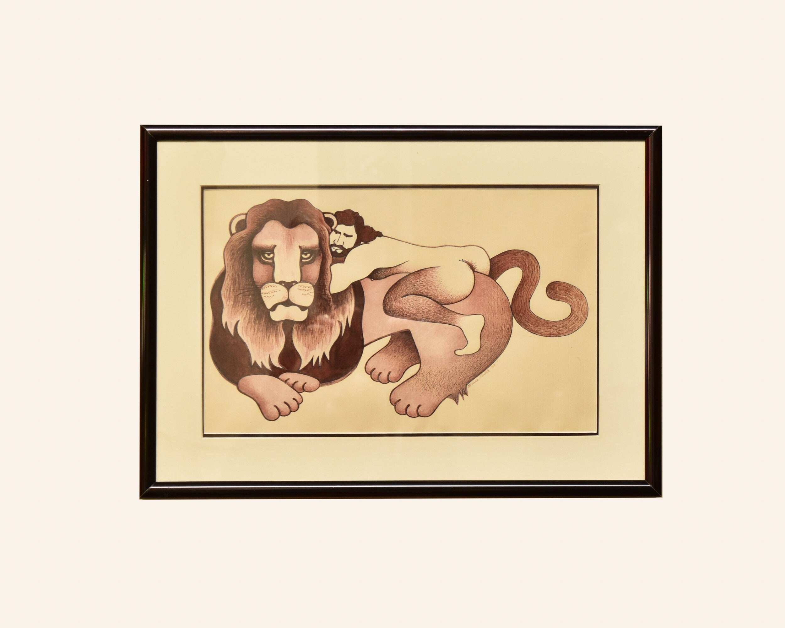 Framed 1988 Nude Man On Maned Lion Drawing/Painting, Unknown Artist, Vintage Erotica Wall Art, 16.75" X 12"