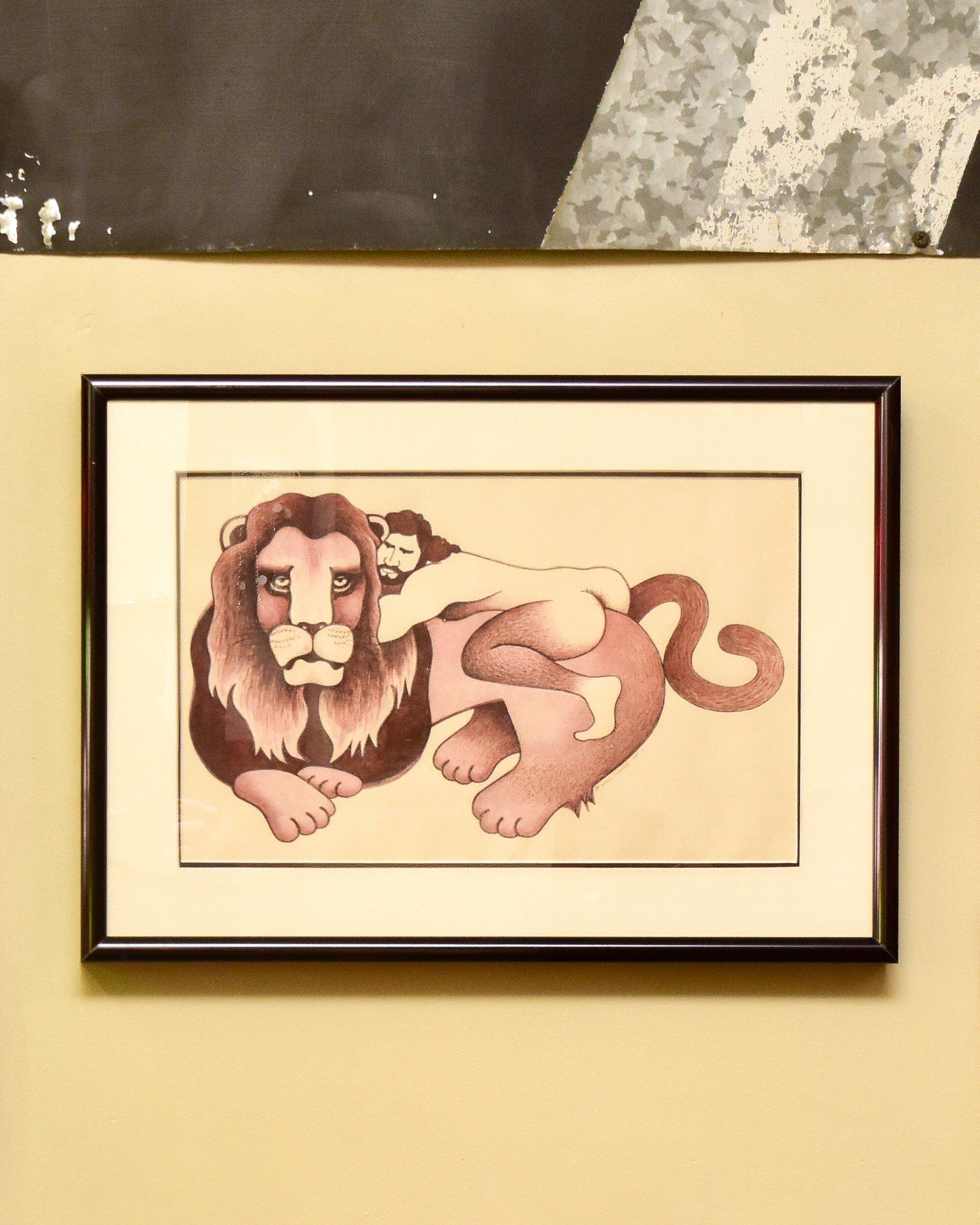 Framed 1988 Nude Man On Maned Lion Drawing/Painting, Unknown Artist, Vintage Erotica Wall Art, 16.75" X 12"
