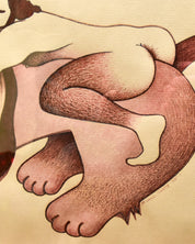 Framed 1988 Nude Man On Maned Lion Drawing/Painting, Unknown Artist, Vintage Erotica Wall Art, 16.75" X 12"