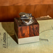 MCM Varaflame "Tivoli" Table Lighter by Ronson, Vintage Cube-Shaped Brazilian Rosewood & Brushed Aluminum Lighter