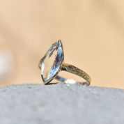 Marquise-Cut Aquamarine Engagement Ring In 14K White Gold, Pale Blue Gemstone, Engraved Leaf Motif, Size 6 1/4 US