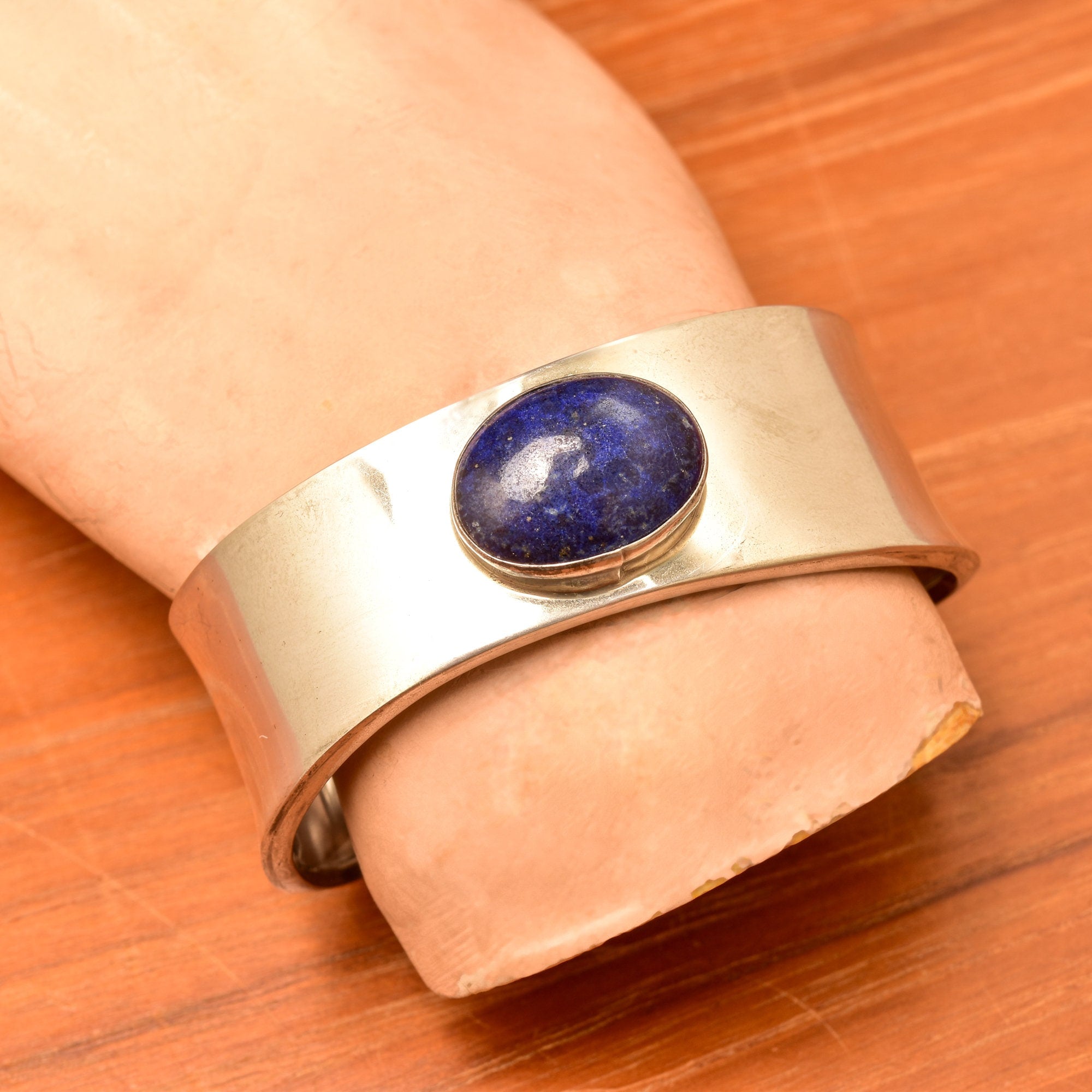 Robert & Noreen Kelly Sterling Silver Lapis Lazuli Cuff Bracelet, Modernist Navajo Asymmetric 925 Cuff, 5 3/4" - Good's Vintage
