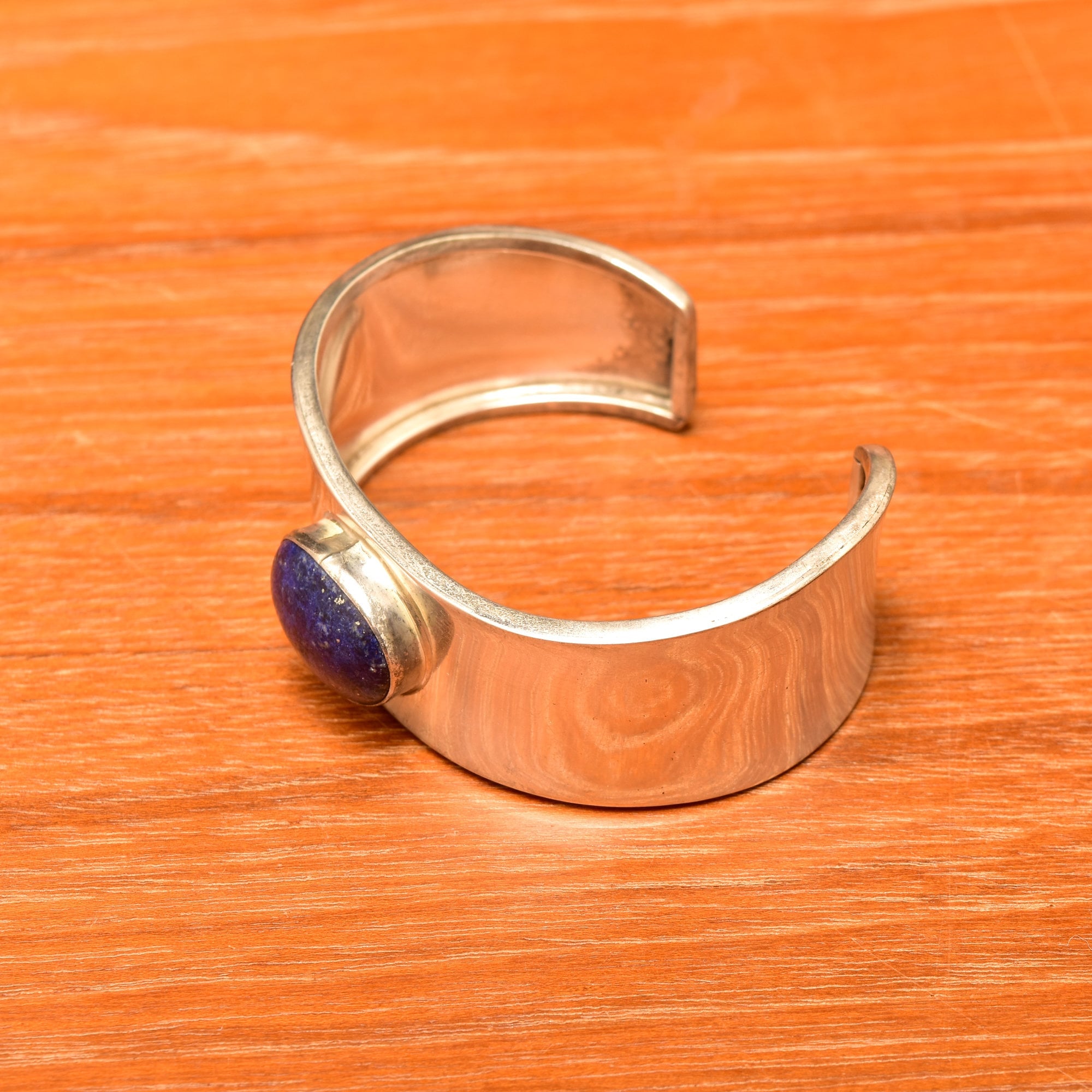 Robert & Noreen Kelly Sterling Silver Lapis Lazuli Cuff Bracelet, Modernist Navajo Asymmetric 925 Cuff, 5 3/4" - Good's Vintage