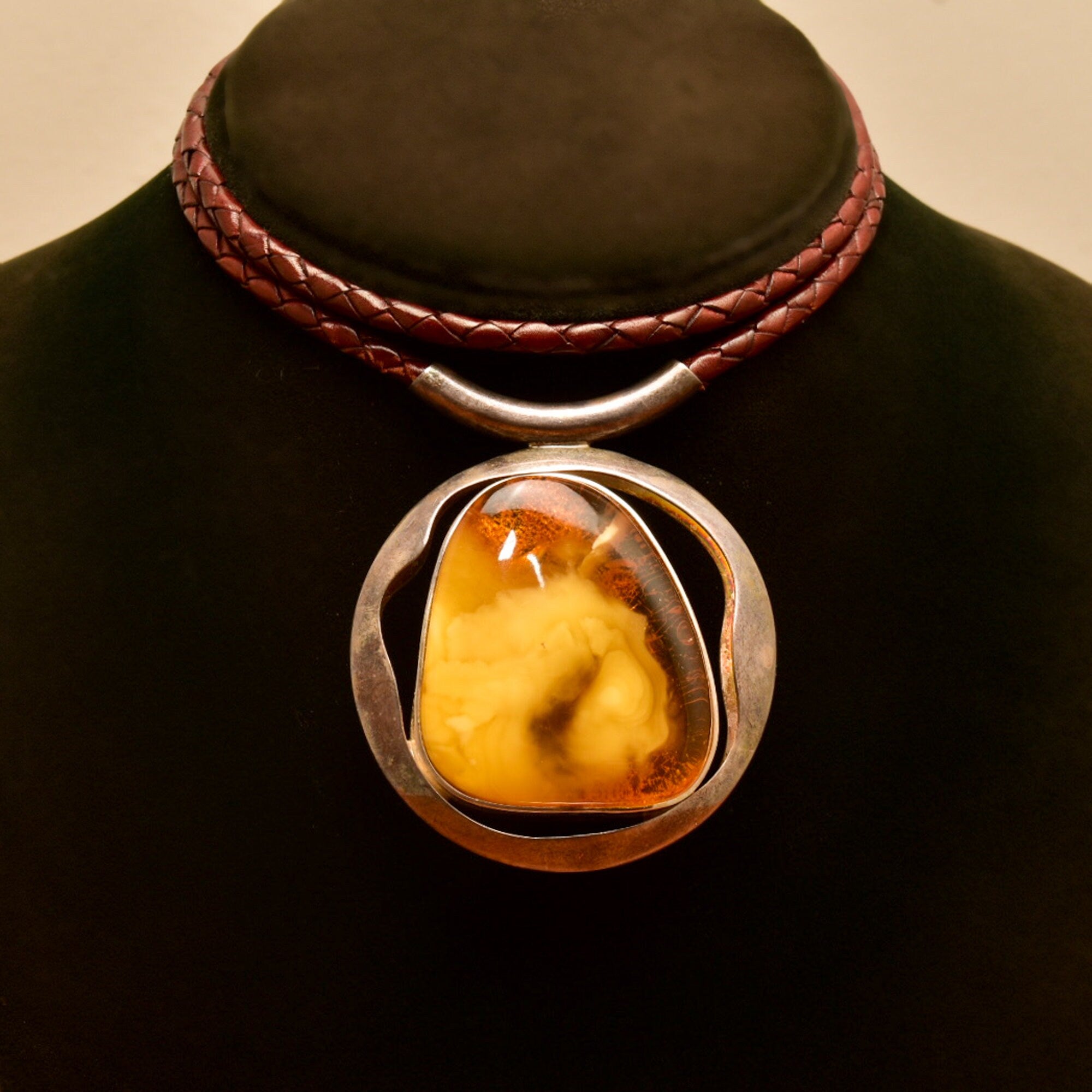Large Natural Baltic Amber Pendant Necklace On Brown Braided Leather Cord, Bohemian Jewelry, 22" L