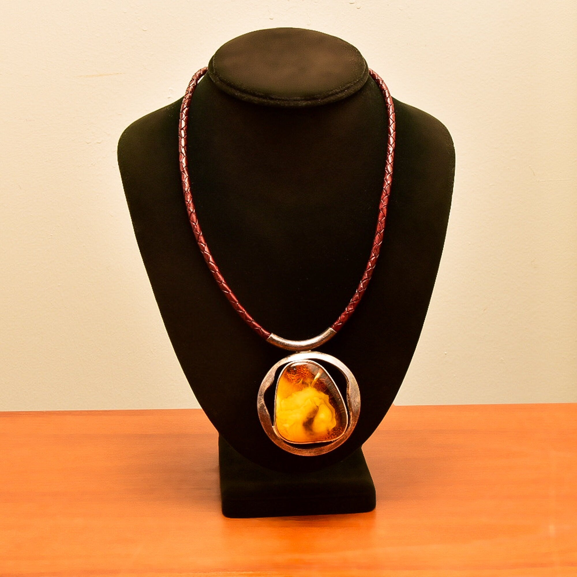Large Natural Baltic Amber Pendant Necklace On Brown Braided Leather Cord, Bohemian Jewelry, 22" L