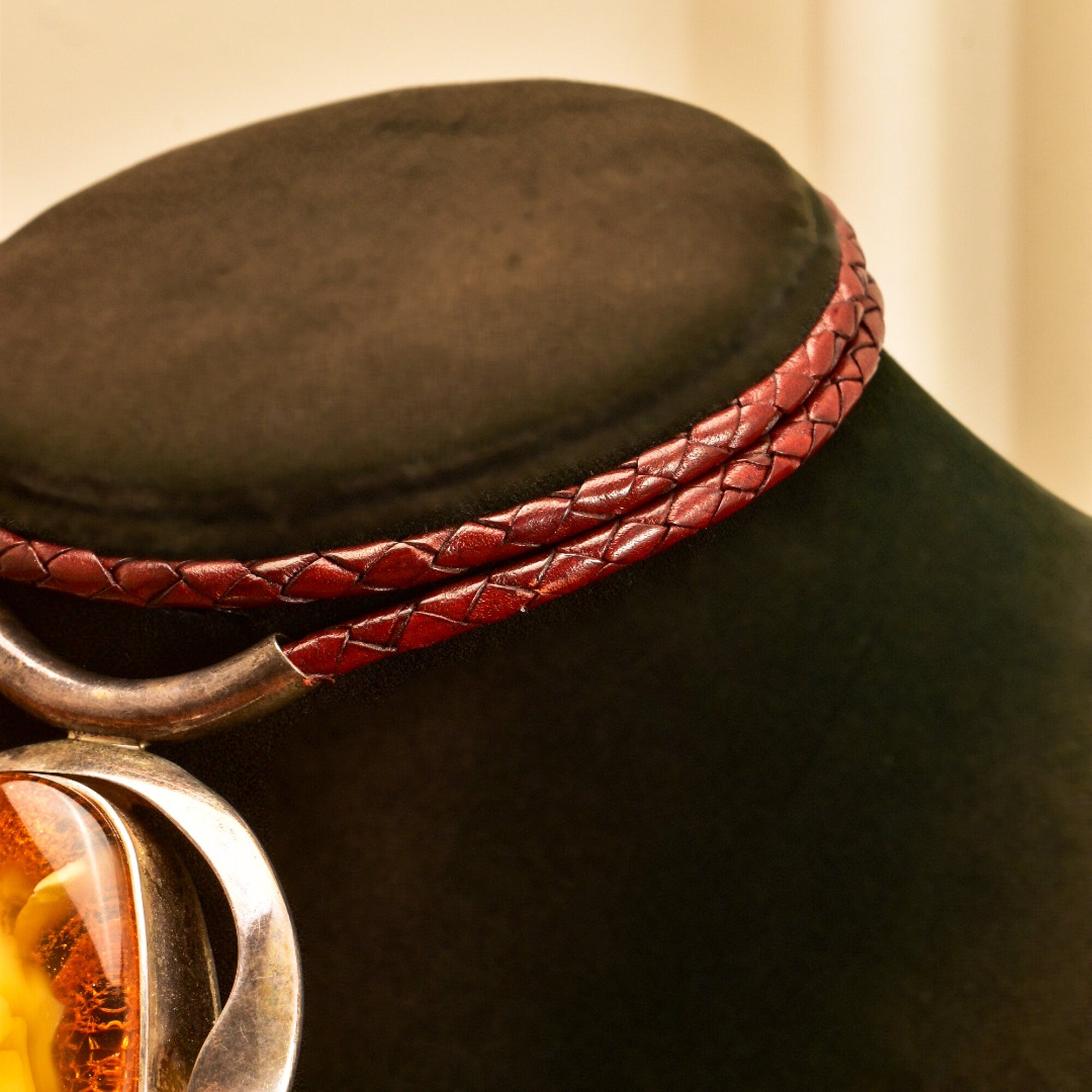 Large Natural Baltic Amber Pendant Necklace On Brown Braided Leather Cord, Bohemian Jewelry, 22" L