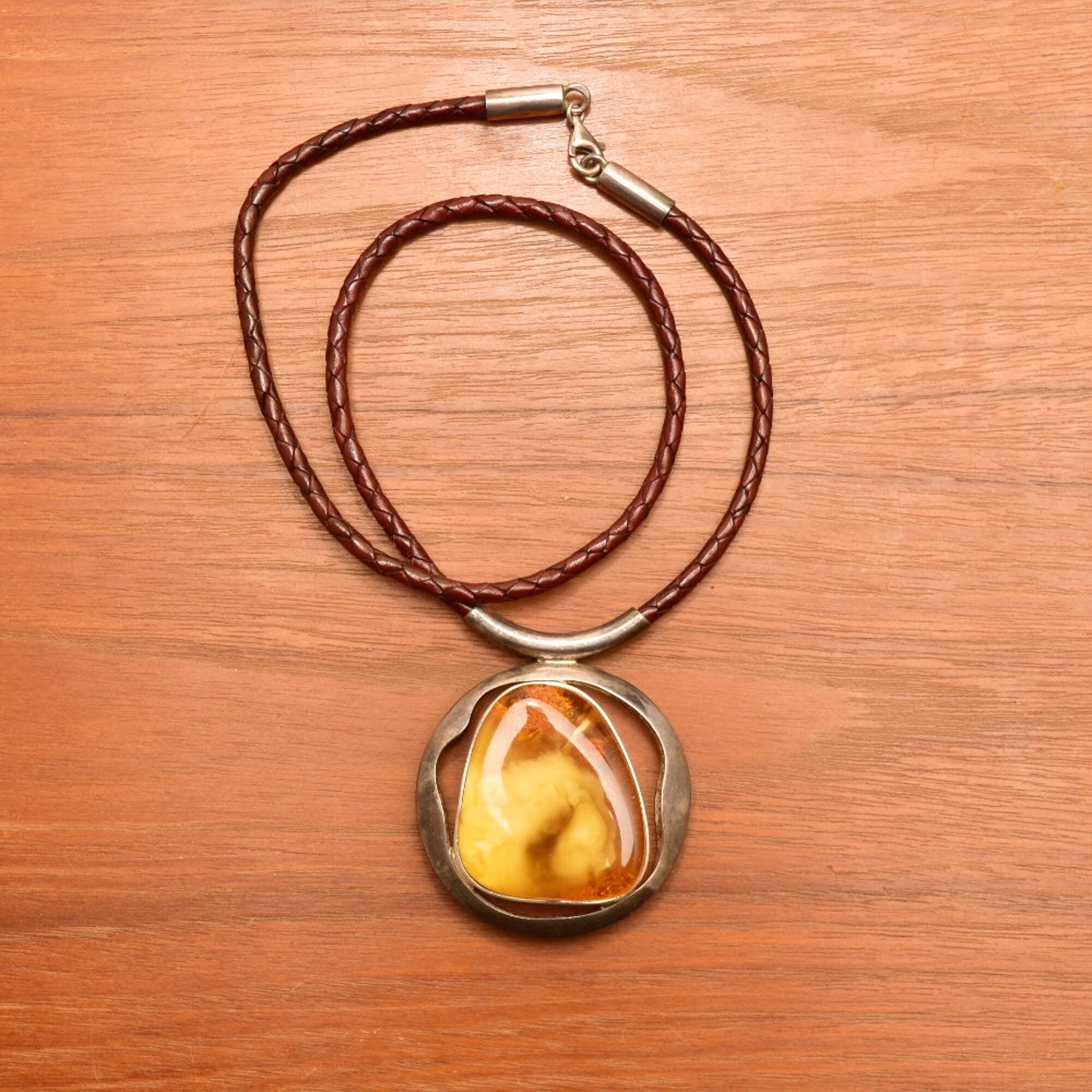 Large Natural Baltic Amber Pendant Necklace On Brown Braided Leather Cord, Bohemian Jewelry, 22" L