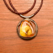 Large Natural Baltic Amber Pendant Necklace On Brown Braided Leather Cord, Bohemian Jewelry, 22" L