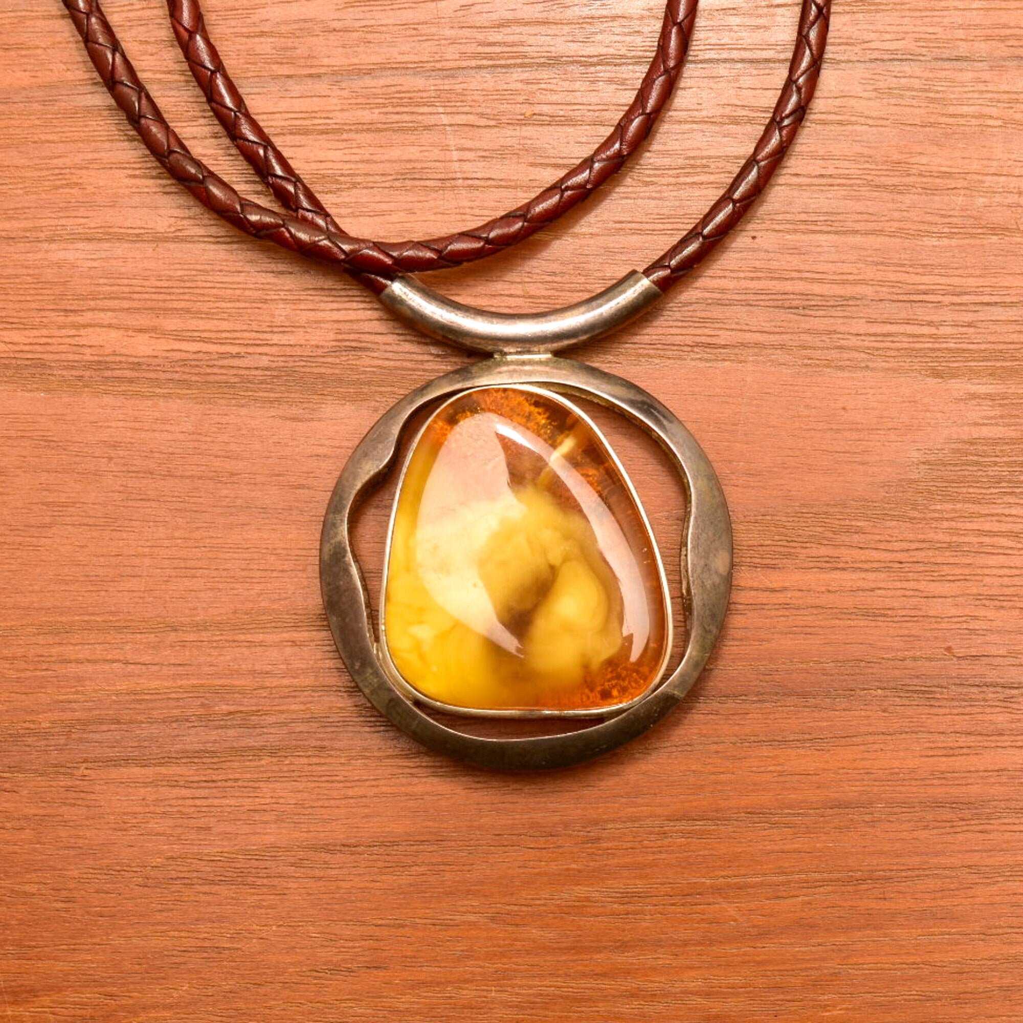Large Natural Baltic Amber Pendant Necklace On Brown Braided Leather Cord, Bohemian Jewelry, 22" L