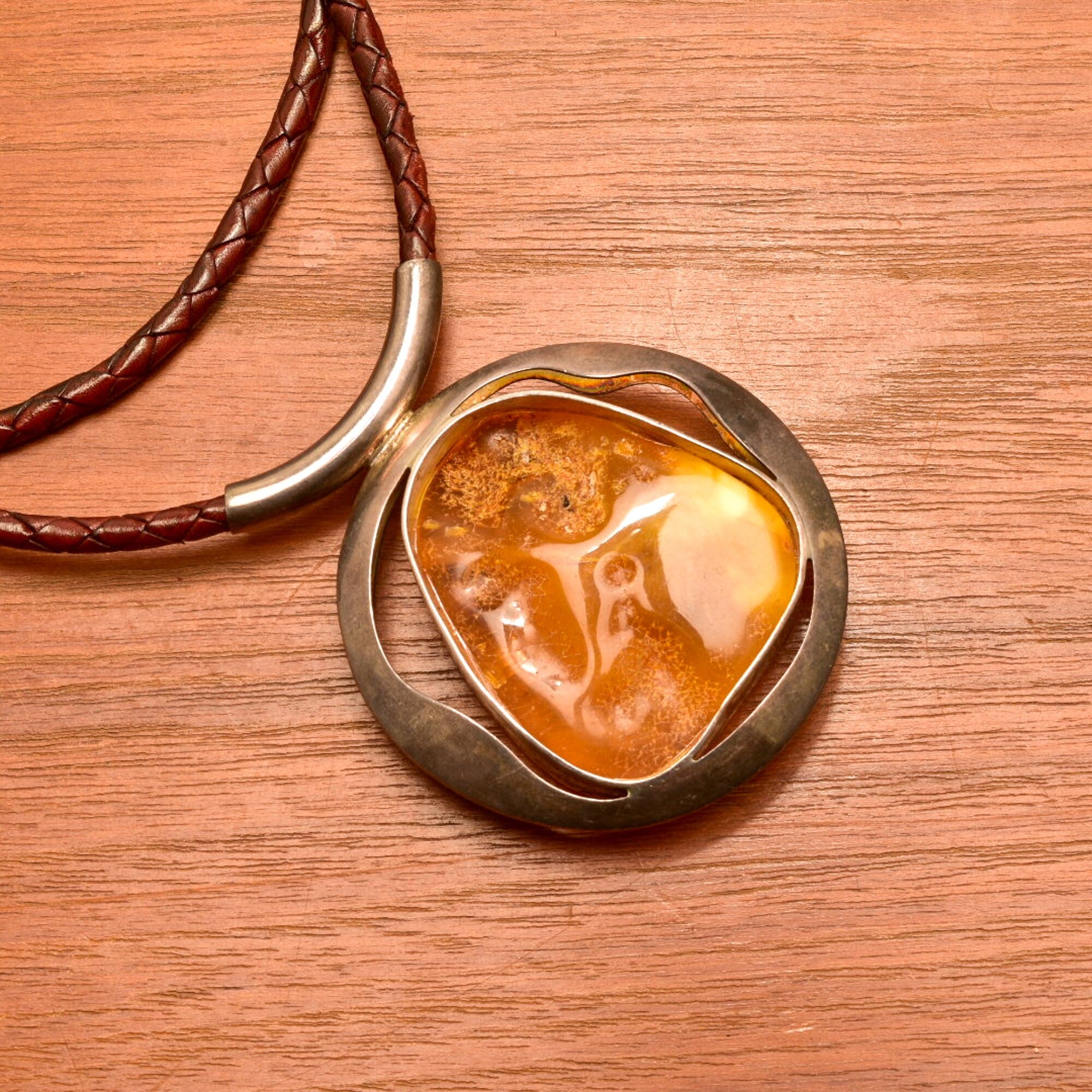 Large Natural Baltic Amber Pendant Necklace On Brown Braided Leather Cord, Bohemian Jewelry, 22" L