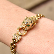 Diamond Sapphire Emerald Panther Head Link Bracelet In 18K Yellow Gold, 6mm Panther Link Chain, 7 1/8" L