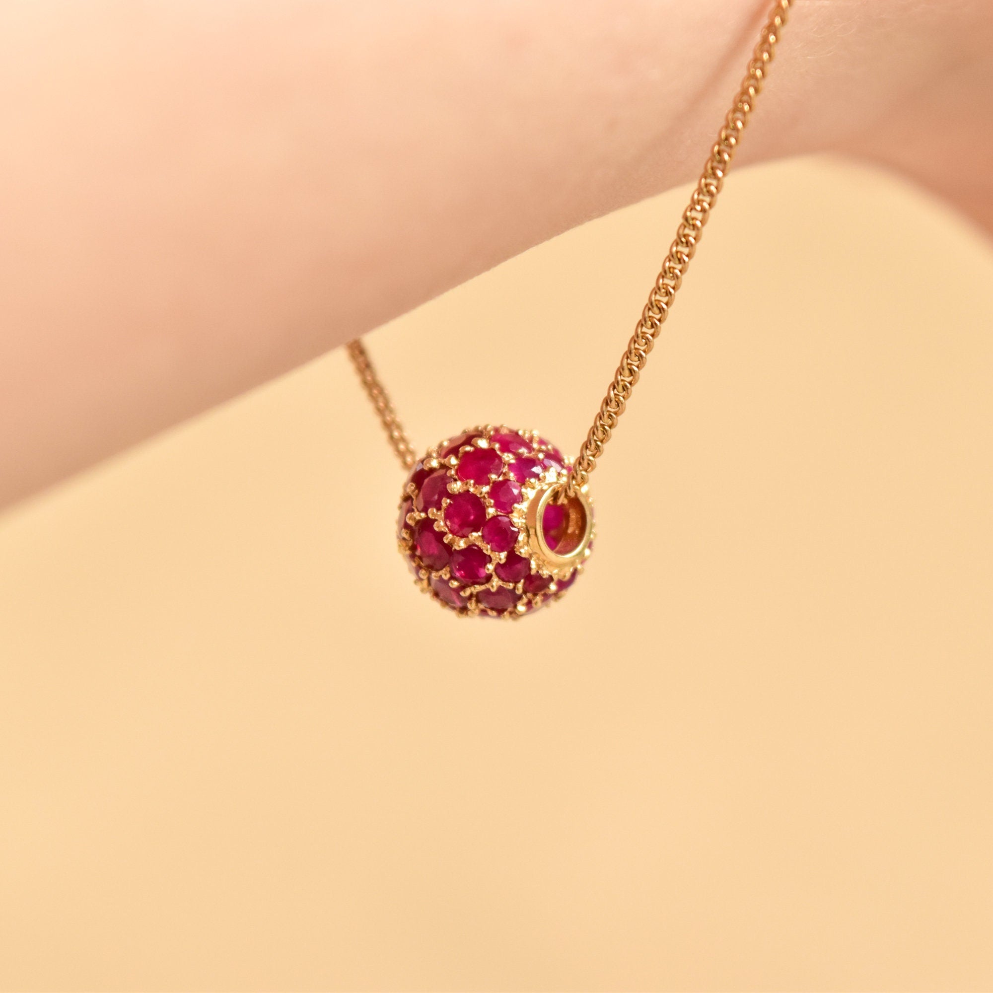 Ruby Pave Cluster Ball Chain Bracelet In 14K Yellow Gold, Sphere Bead On 1.5mm Cable Chain, Estate Jewelry, 7" L