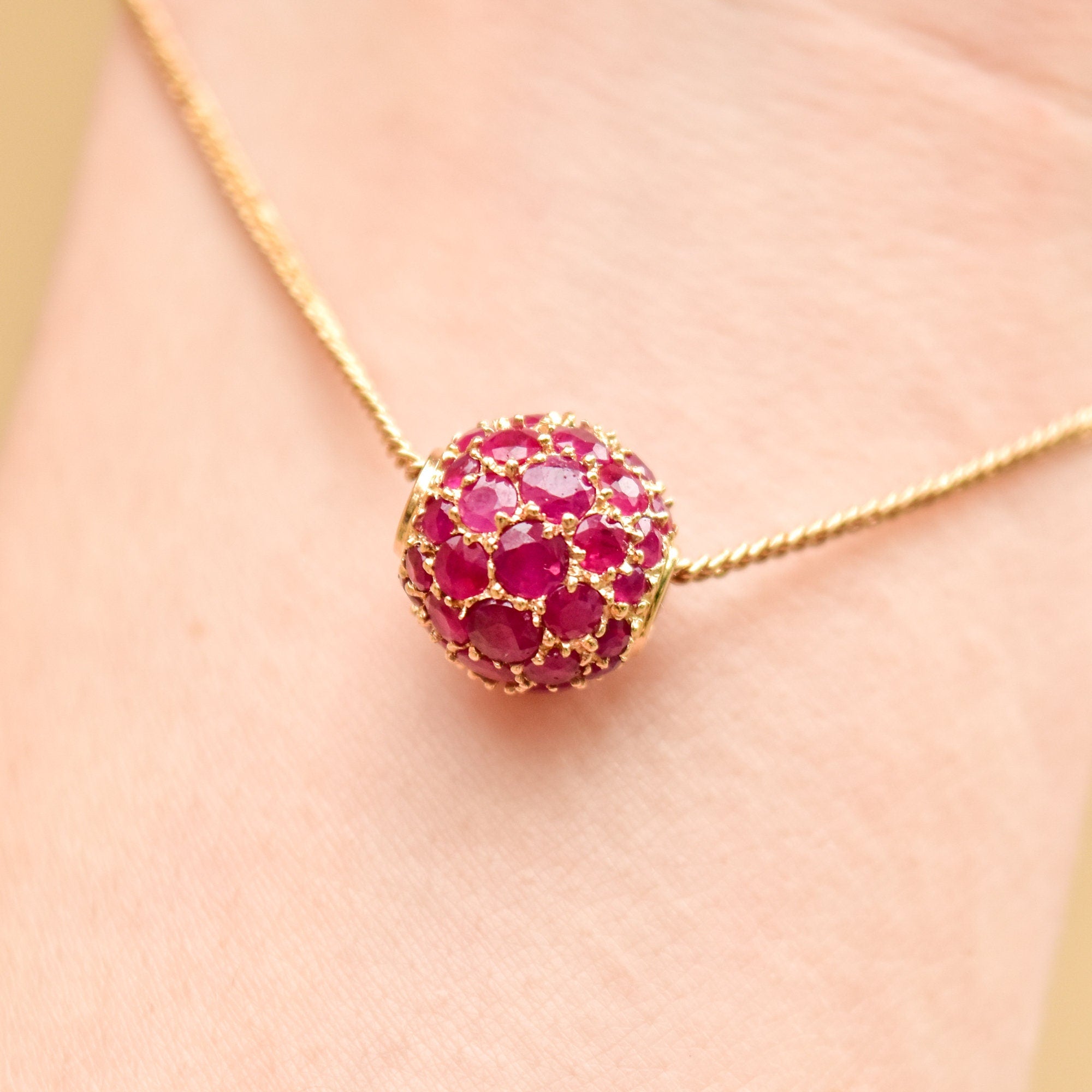Ruby Pave Cluster Ball Chain Bracelet In 14K Yellow Gold, Sphere Bead On 1.5mm Cable Chain, Estate Jewelry, 7" L