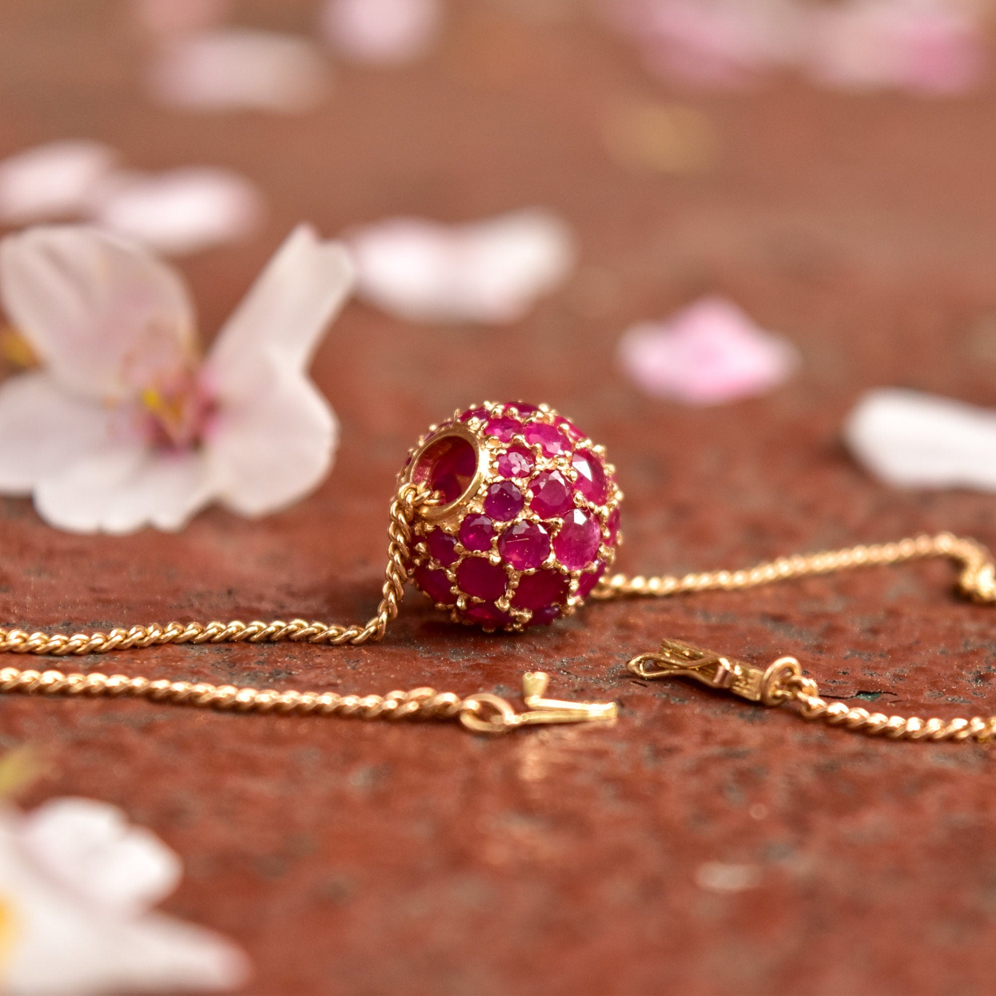 Ruby Pave Cluster Ball Chain Bracelet In 14K Yellow Gold, Sphere Bead On 1.5mm Cable Chain, Estate Jewelry, 7" L