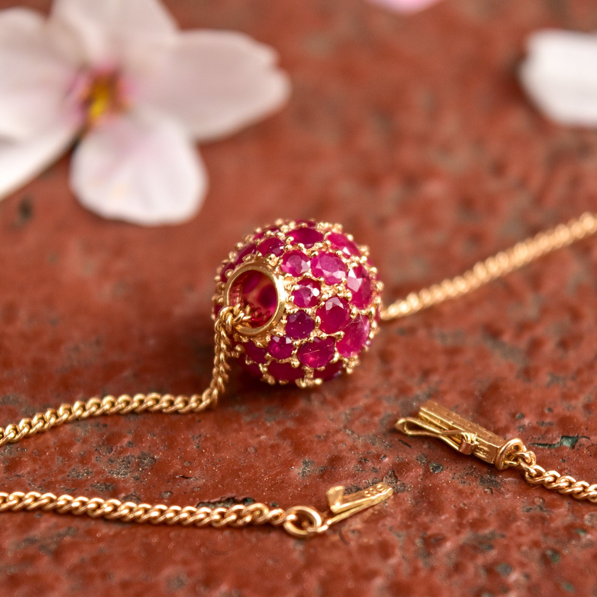 Ruby Pave Cluster Ball Chain Bracelet In 14K Yellow Gold, Sphere Bead On 1.5mm Cable Chain, Estate Jewelry, 7" L