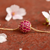 Ruby Pave Cluster Ball Chain Bracelet In 14K Yellow Gold, Sphere Bead On 1.5mm Cable Chain, Estate Jewelry, 7" L