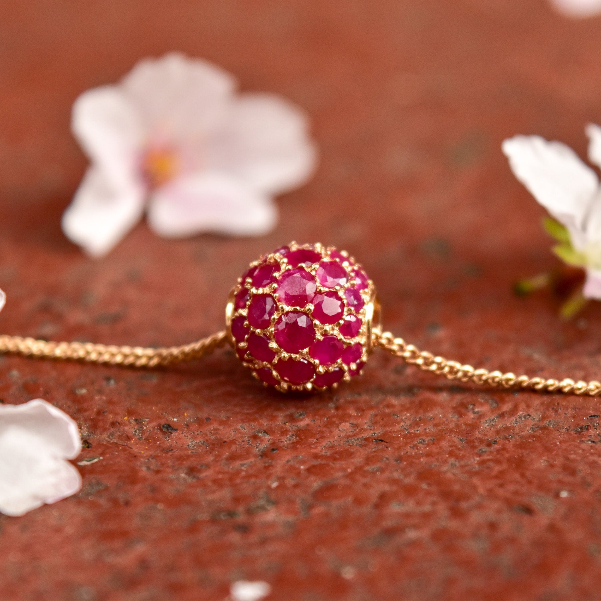 Ruby Pave Cluster Ball Chain Bracelet In 14K Yellow Gold, Sphere Bead On 1.5mm Cable Chain, Estate Jewelry, 7" L