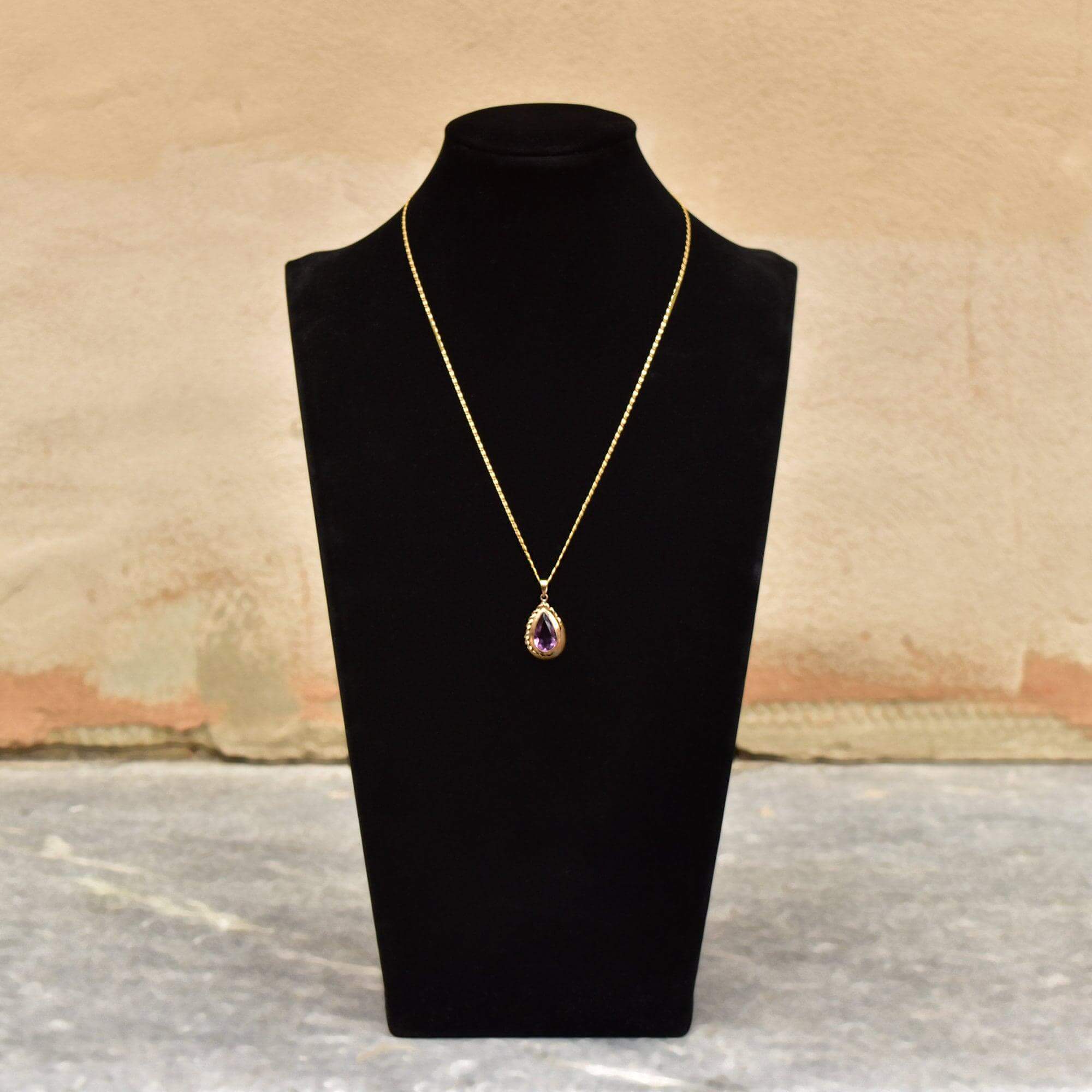 Estate 14K Amethyst Teardrop Pendant Necklace, Gold Ribbon Setting, Snail Link Chain, 18 1/4" - Good's Vintage