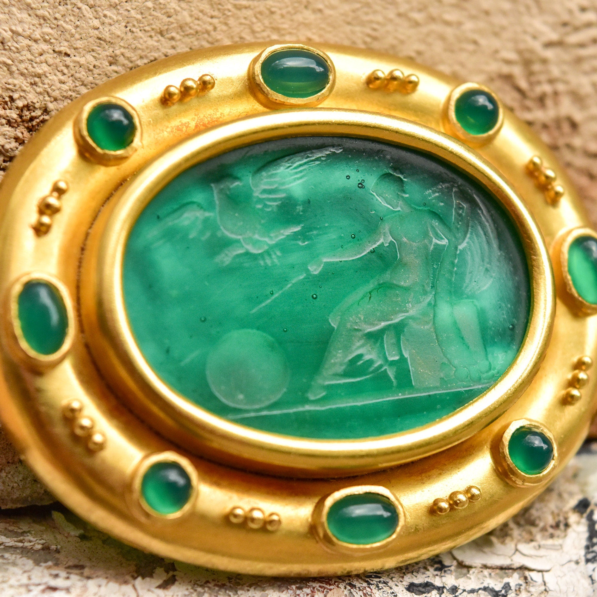Elizabeth Locke 18K Venetian Glass Intaglio Brooch Pendant, Mother Of Pearl Backing, Designer Jewelry, 2" W