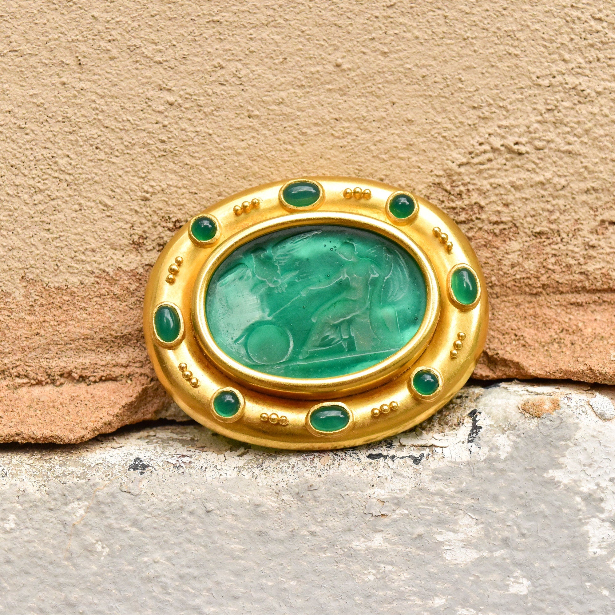 Elizabeth Locke 18K Venetian Glass Intaglio Brooch Pendant, Mother Of Pearl Backing, Designer Jewelry, 2" W