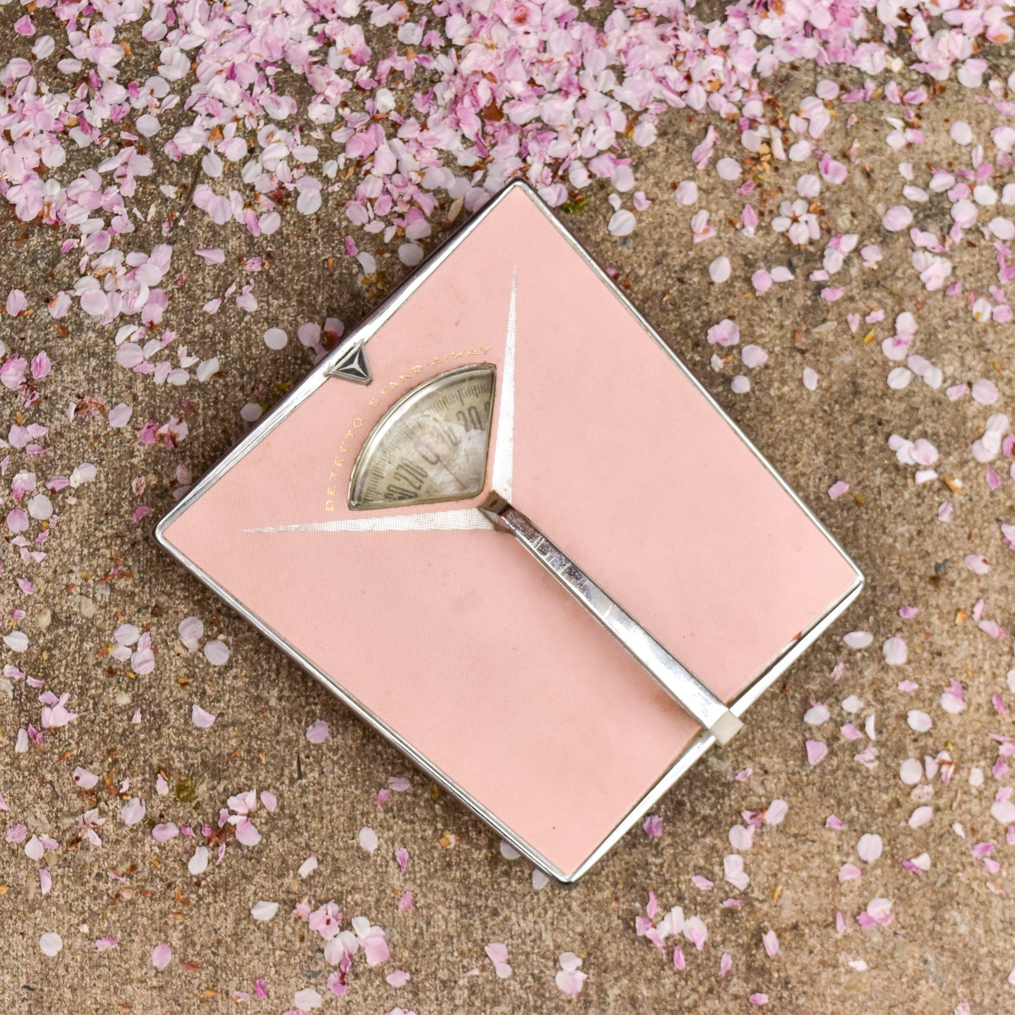 1950's MCM Pink Detecto Stand-A-Way Bathroom Scale, Silver Trim & Handle, Working Condition
