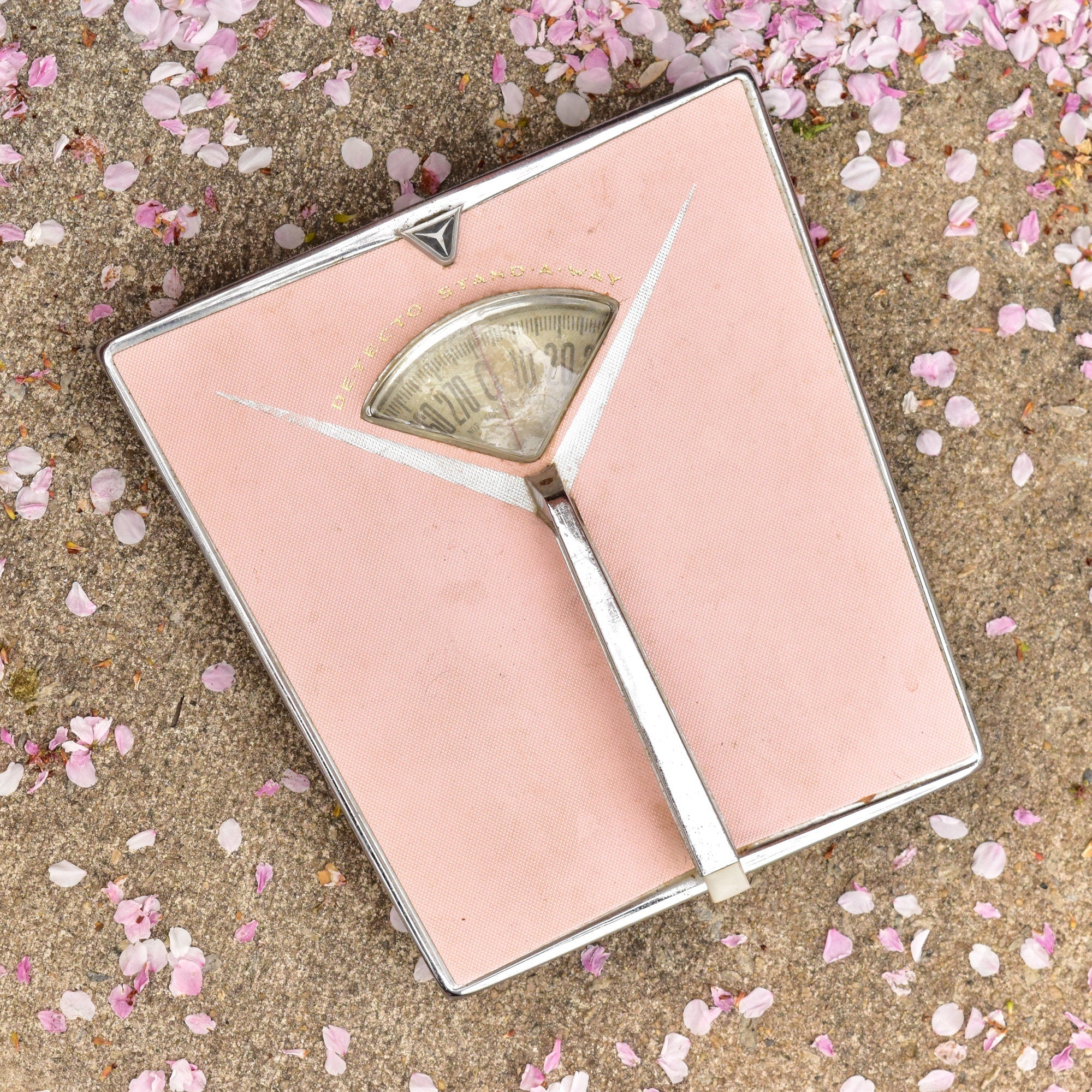 1950's MCM Pink Detecto Stand-A-Way Bathroom Scale, Silver Trim & Handle, Working Condition