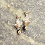 Tiffany & Co. Sterling Silver Onyx Ball Fish Stud Earrings, 18K Gold Accents, Vintage Designer Jewelry, 1 1/4"