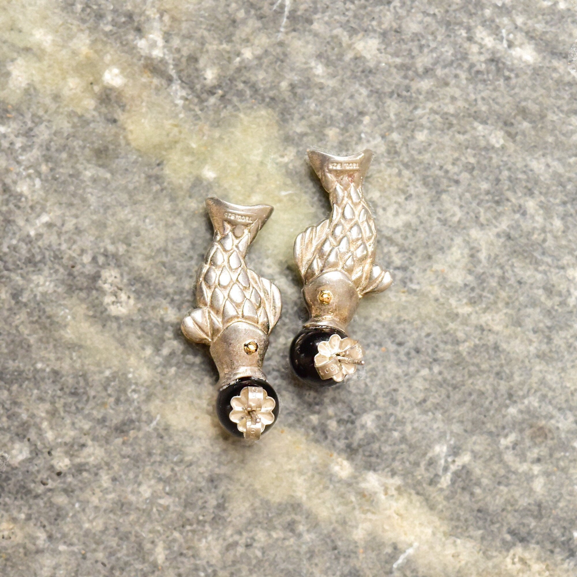 Tiffany & Co. Sterling Silver Onyx Ball Fish Stud Earrings, 18K Gold Accents, Vintage Designer Jewelry, 1 1/4"